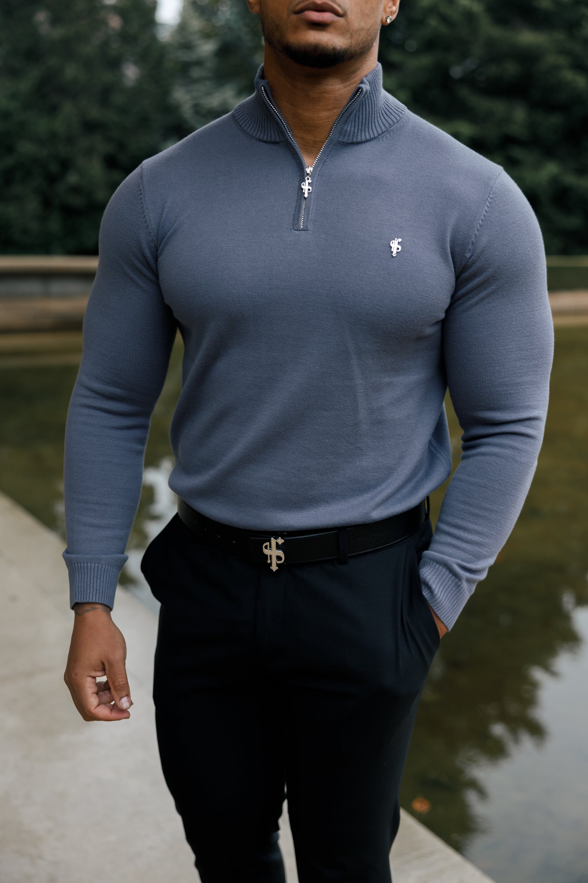 Gunmetal Funnel Neck 1/2 Zip Knitted Jumper - FSN120