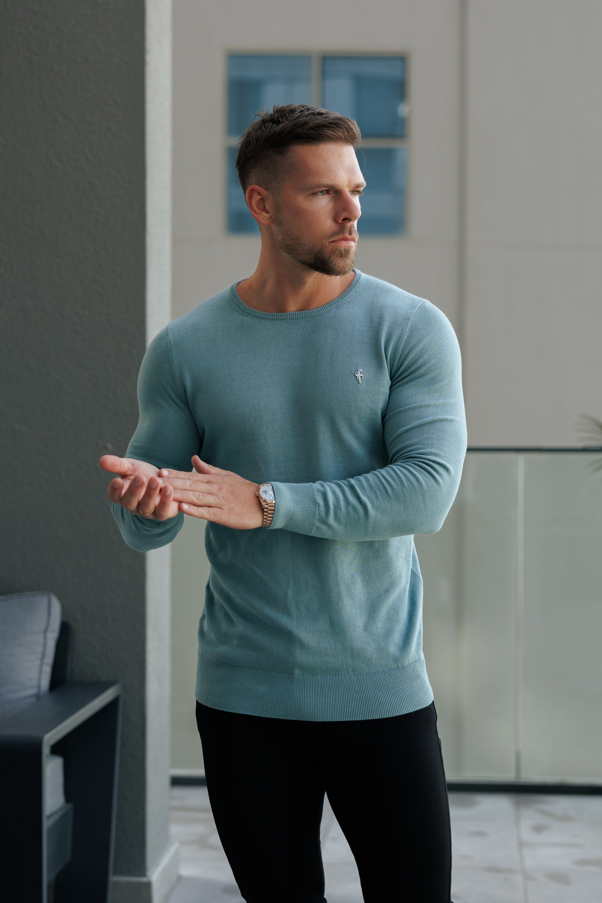 Teal Crew Neck Knitted Jumper With FS Branding - FSN196