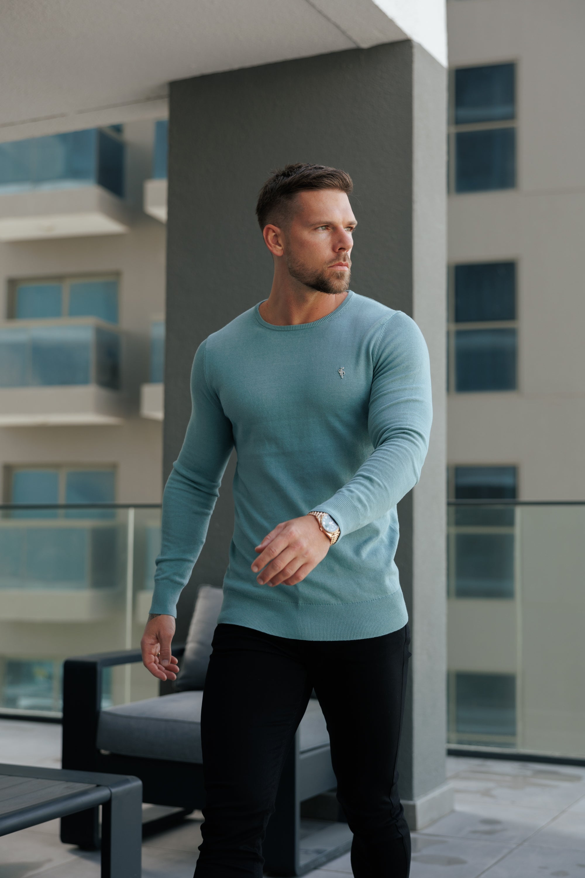 Teal Crew Neck Knitted Jumper With FS Branding - FSN196