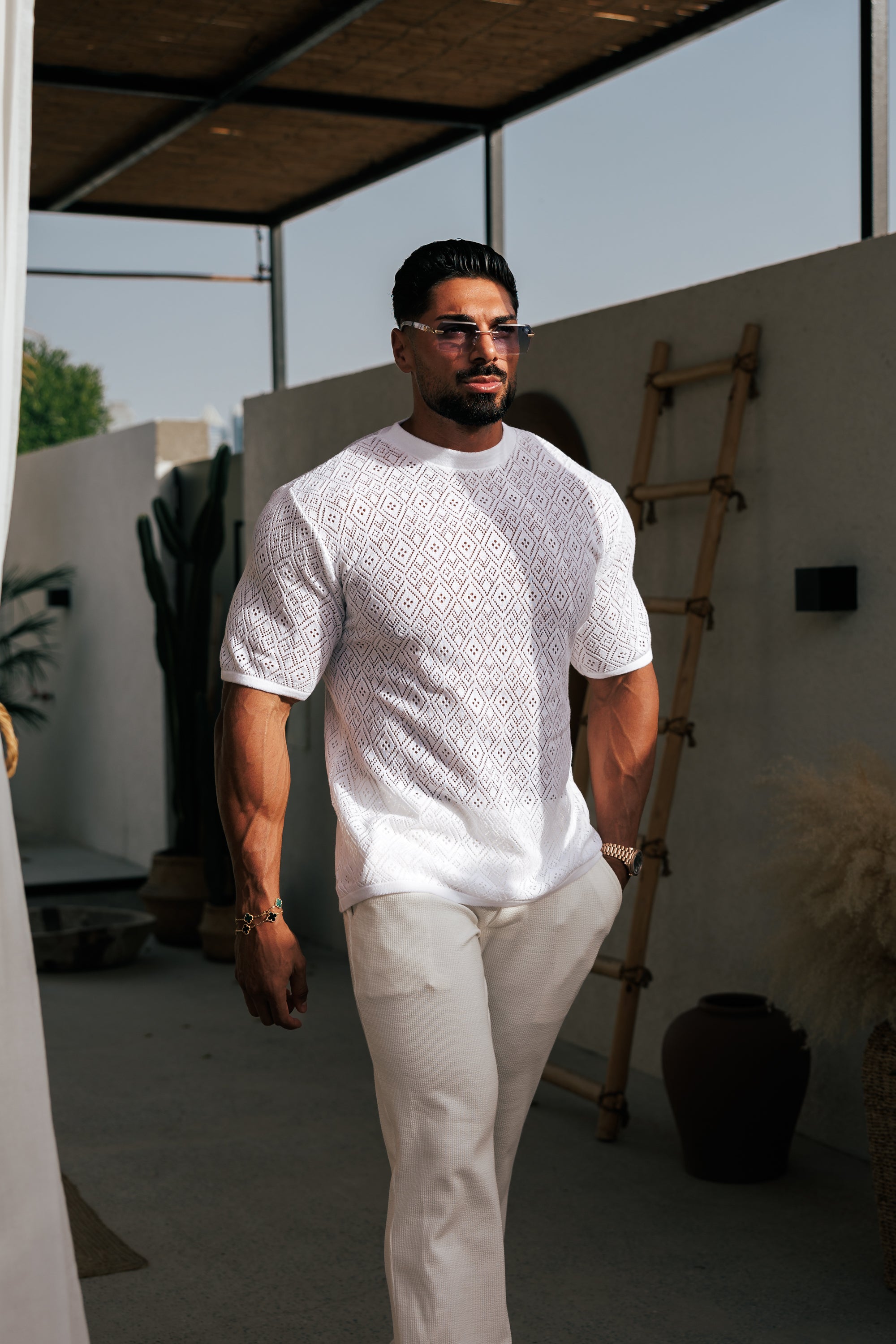 Crochet Crew T-Shirt White Short Sleeve - FSJ086