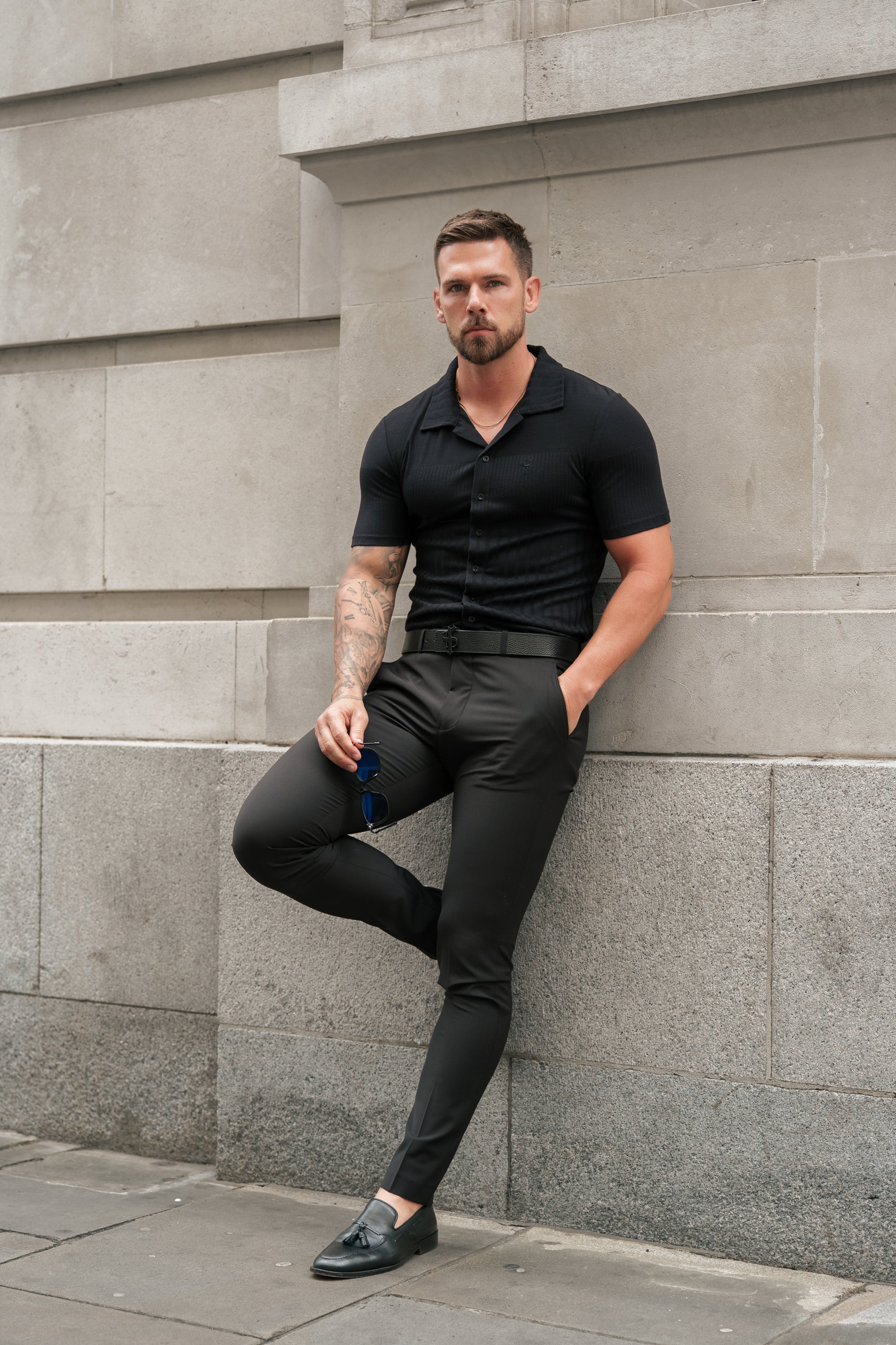 Jersey Revere Vertical Stripe Black Shirt Short Sleeve - FSR024