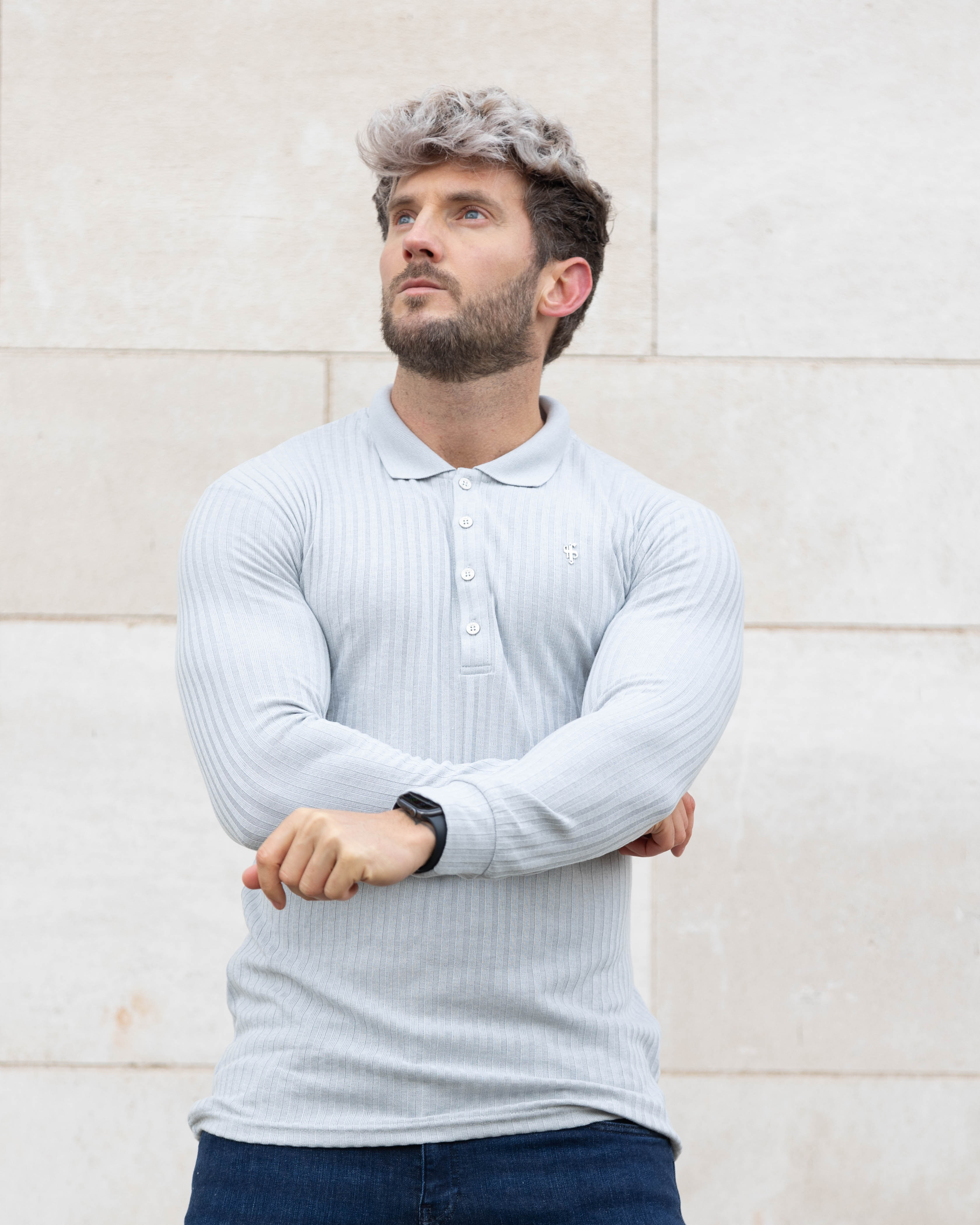 Classic Light Grey Ribbed Polo Shirt Long Sleeve With Silver Decal - FSH973