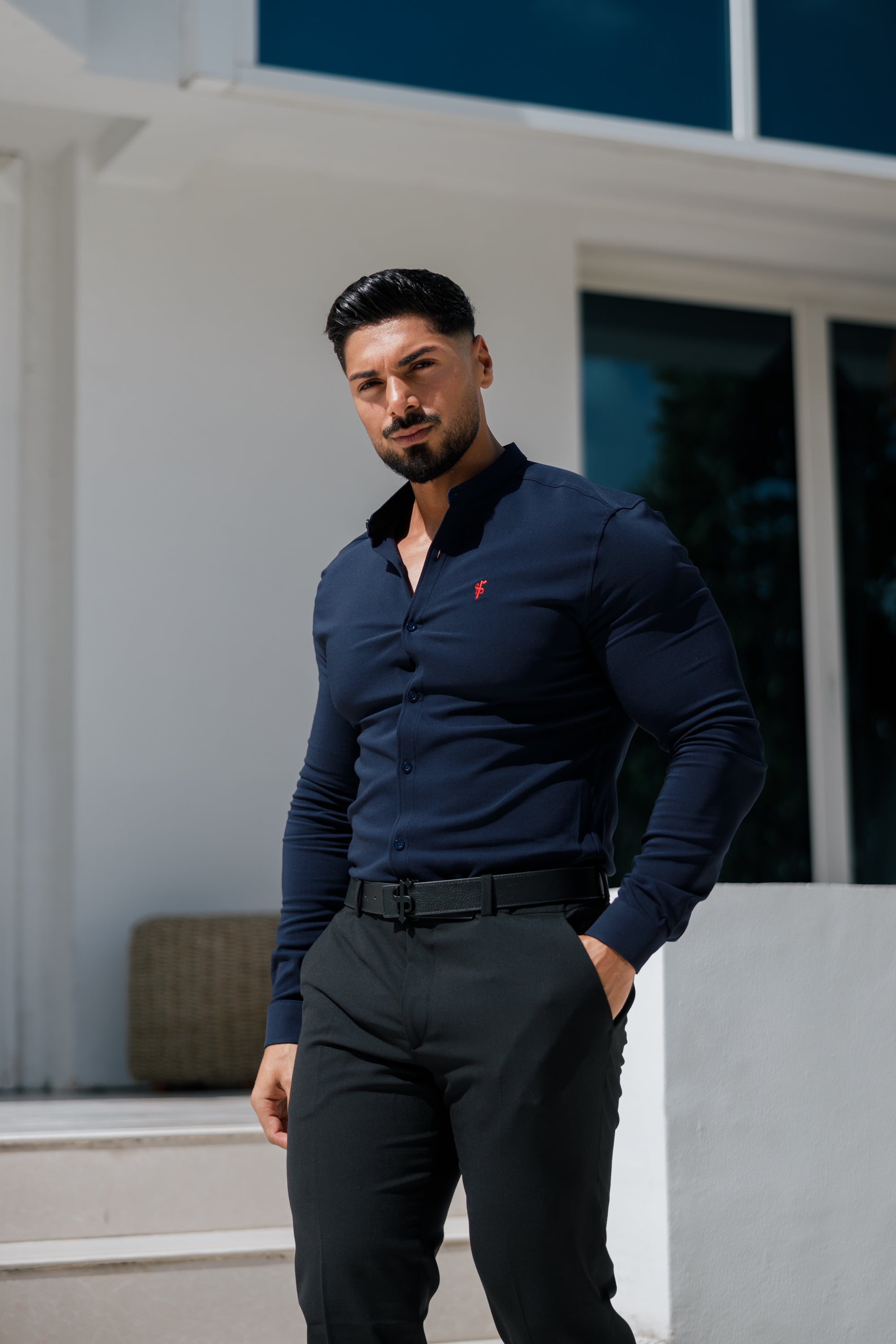 Super Slim Scuba Navy / Red Long Sleeve Stretch with Grandad Collar - FS1000