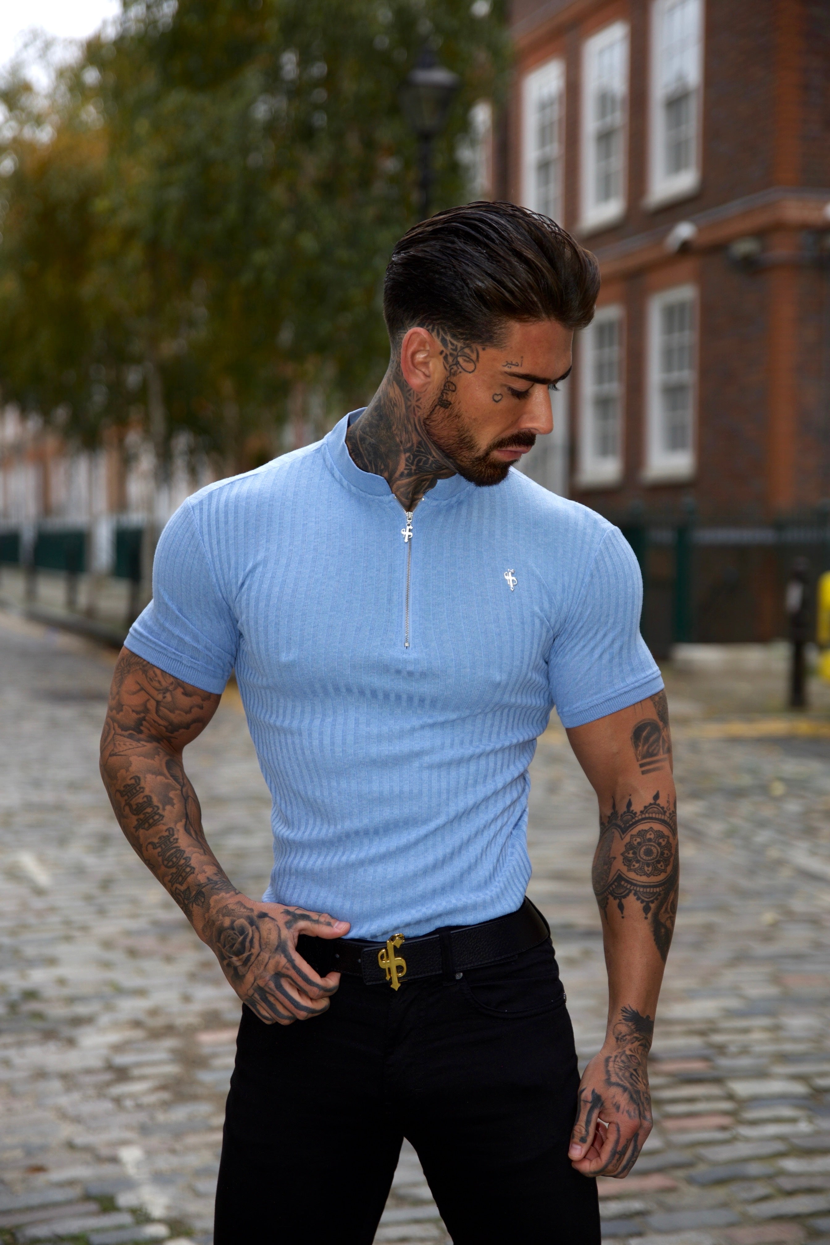 Classic Baby Blue Ribbed Silver Zip Grandad Collar Shirt Short Sleeve - FSH919