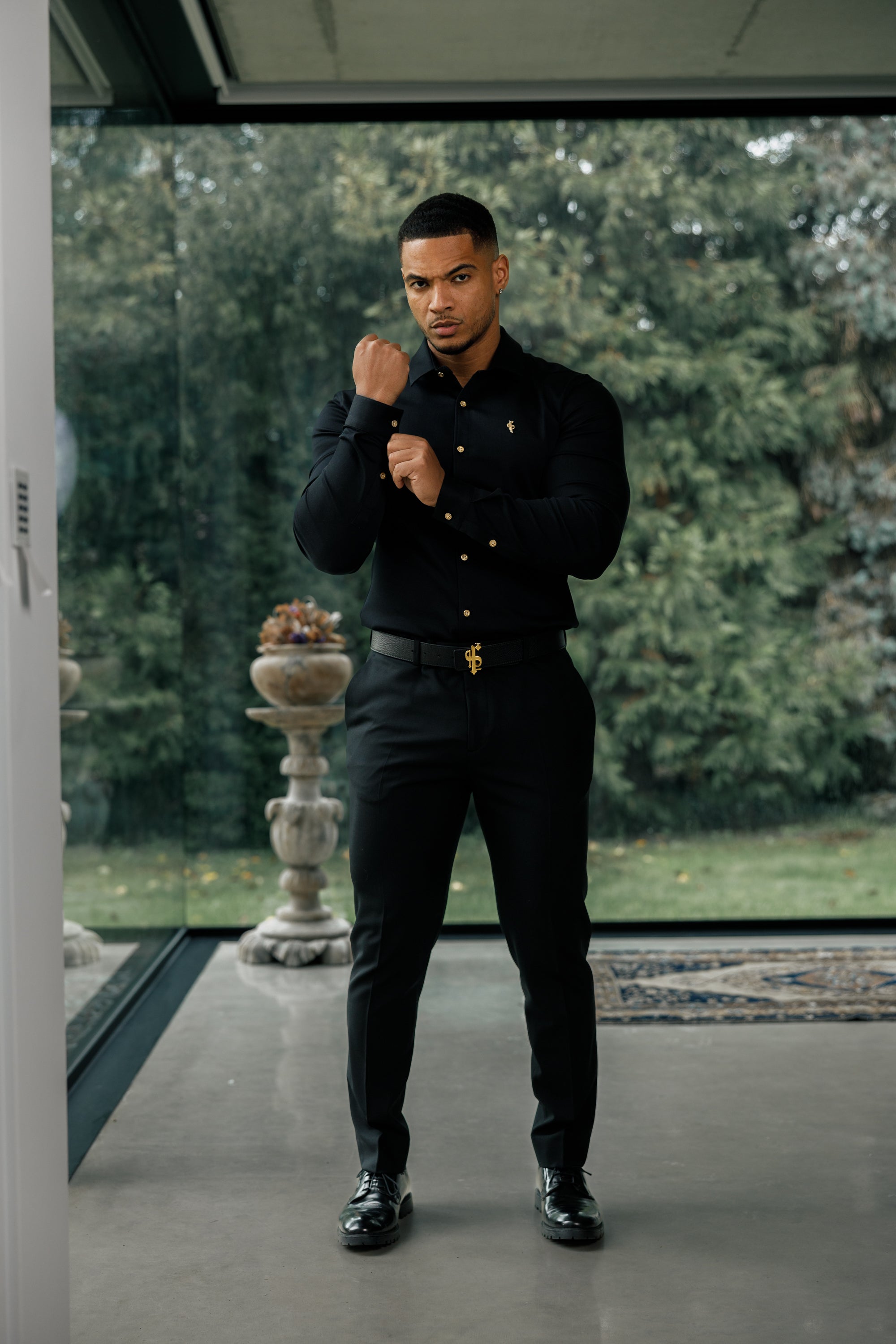 Super Slim Stretch Black Denim Long Sleeve with Gold Metal Decal and Buttons - FS923