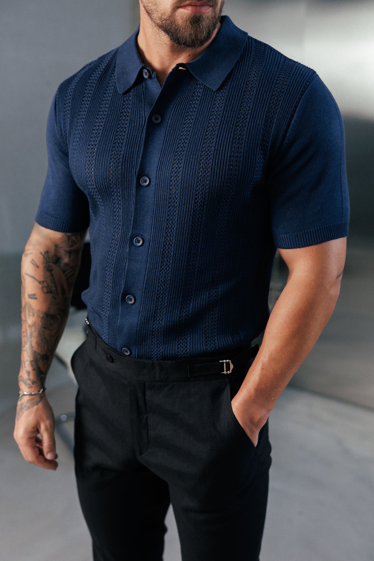Navy Stripe Perforated Shirt Short Sleeve - FSA020