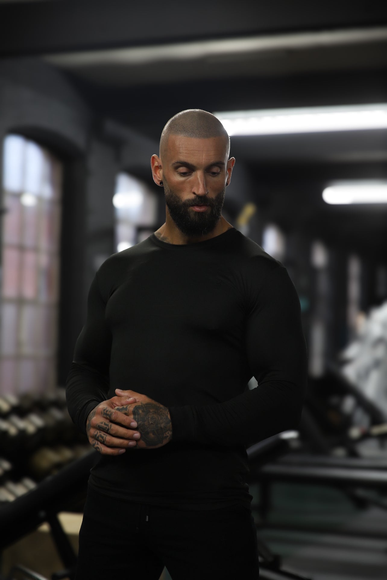 Long Sleeve Black Tonal Gym Crew Top - FSH884