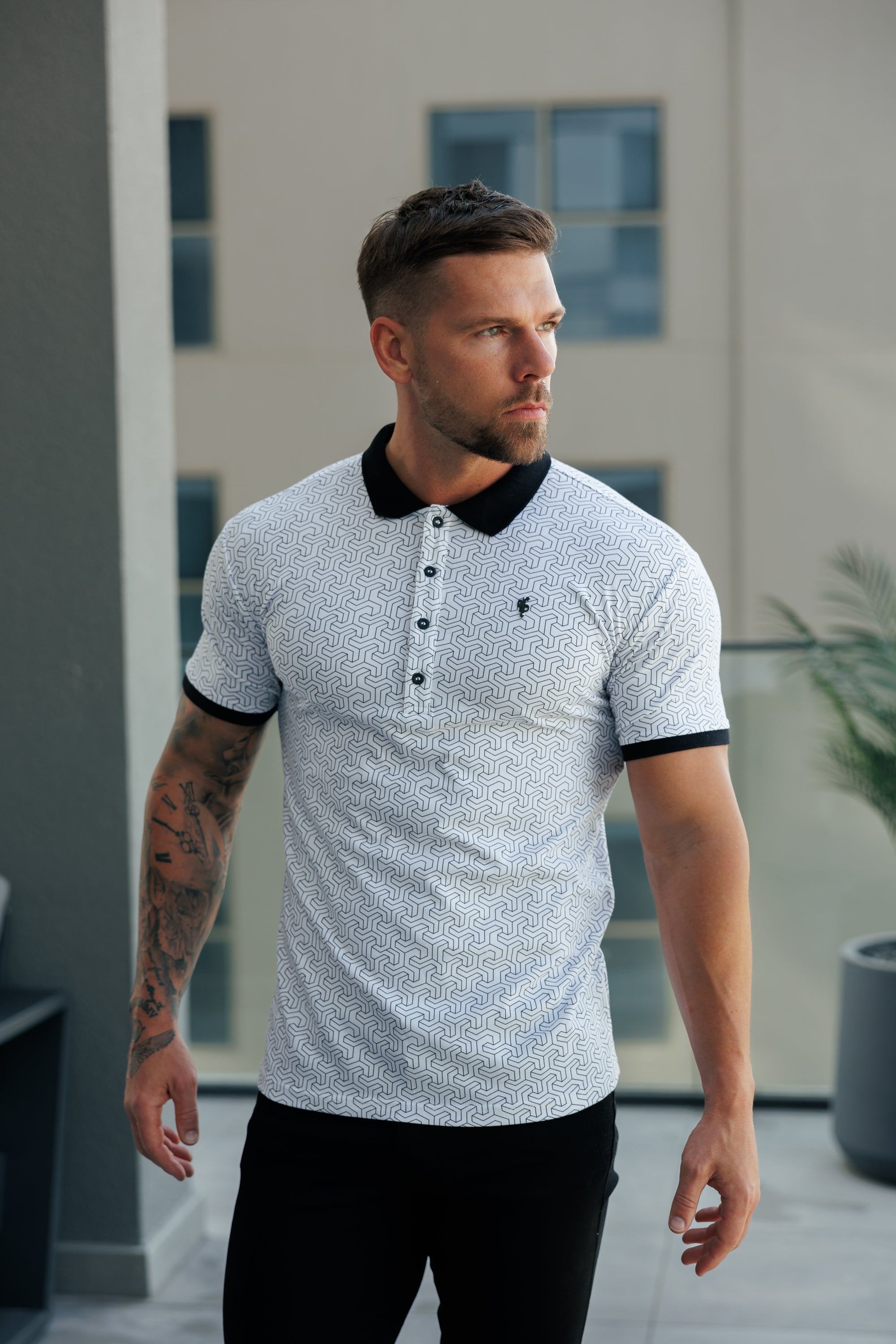 White / Black Geo Printed Polo Shirt - FSH1233