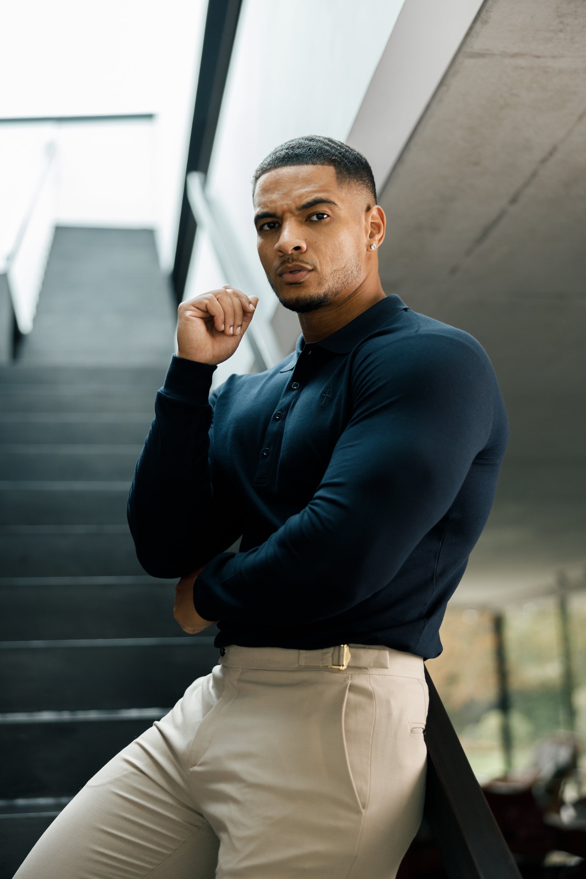 Classic Navy Tonal Polo Long Sleeve Shirt - FSH861