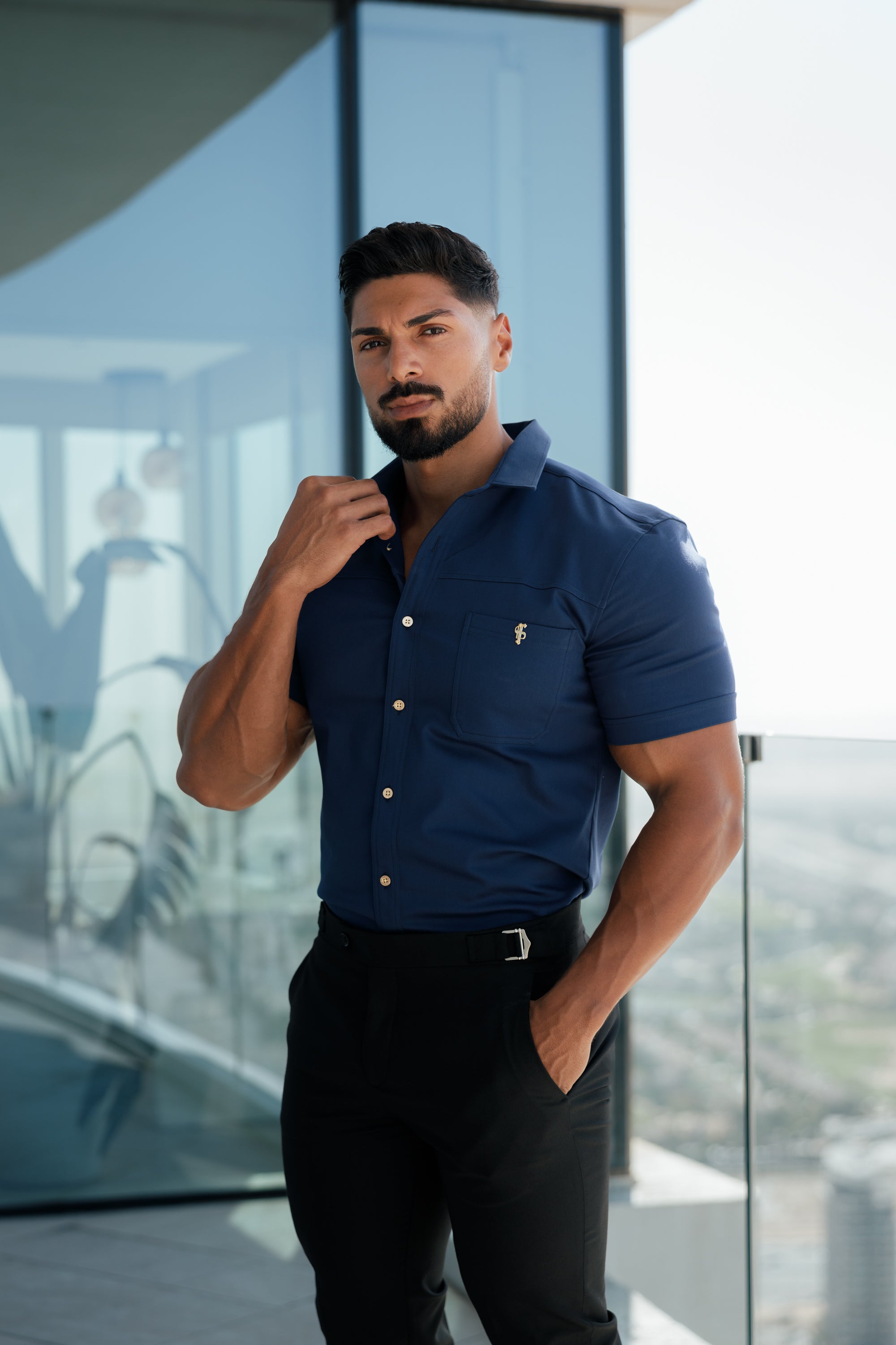 Super Slim Stretch Navy Denim Short Sleeve with Horizontal Seam and Pocket- FS959