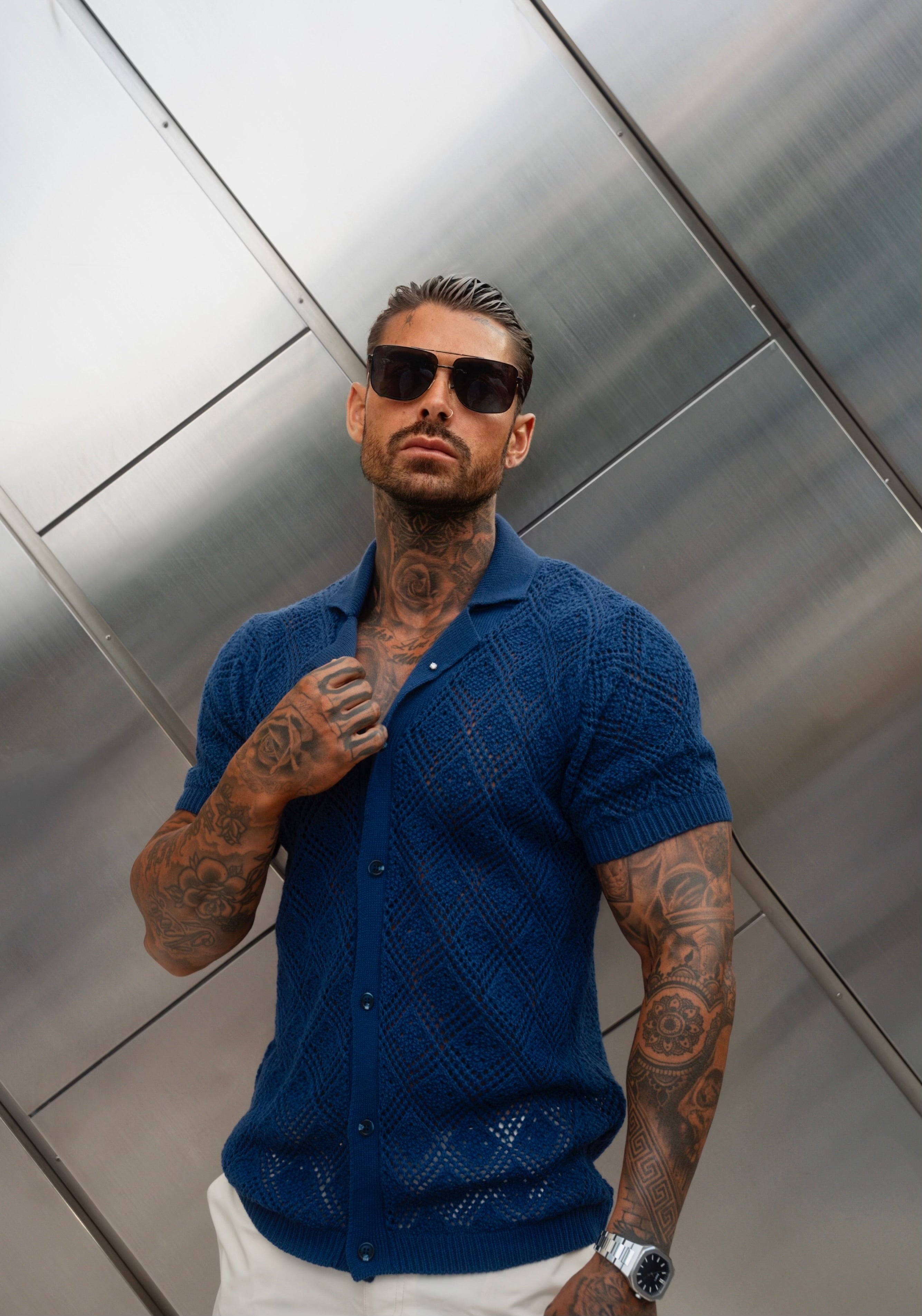 Crochet Shirt Caribbean Blue Short Sleeve - FSJ079