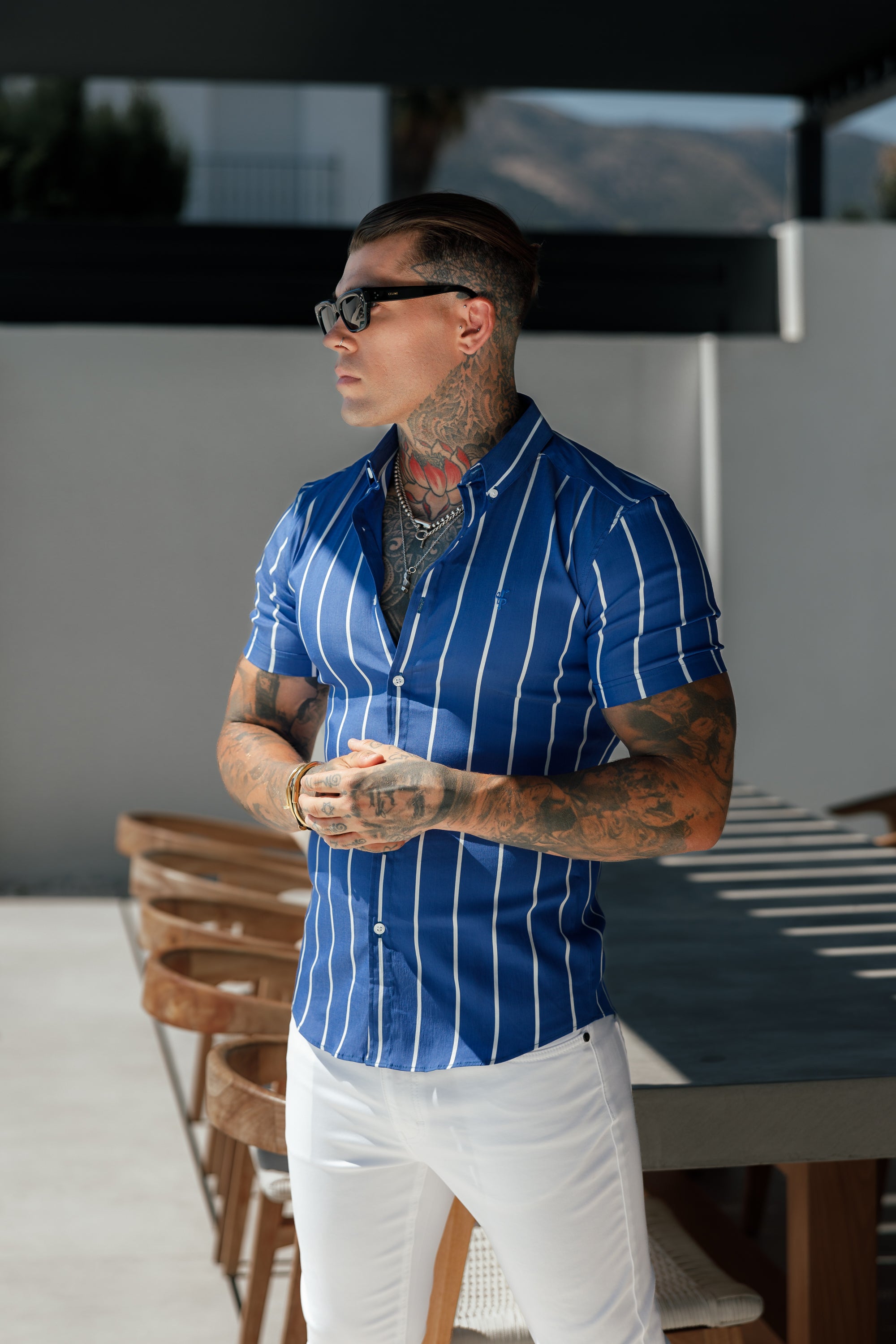 Super Slim Stretch Ocean Blue Printed Wide Stripe Short Sleeve with Button Down Collar - FS1056