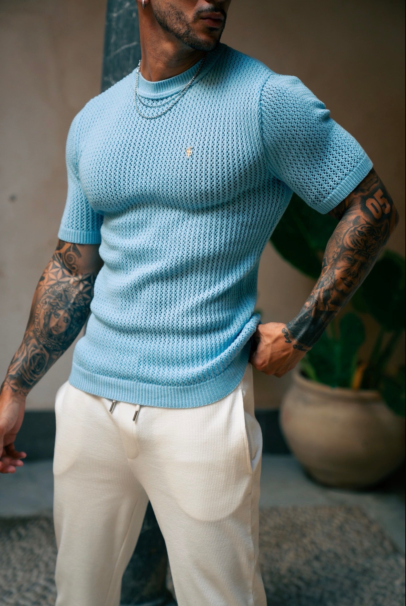Light Blue Viscose Plain Knitted Short Sleeve T-Shirt - FSJ185 (PRE ORDER 12TH AUGUST)
