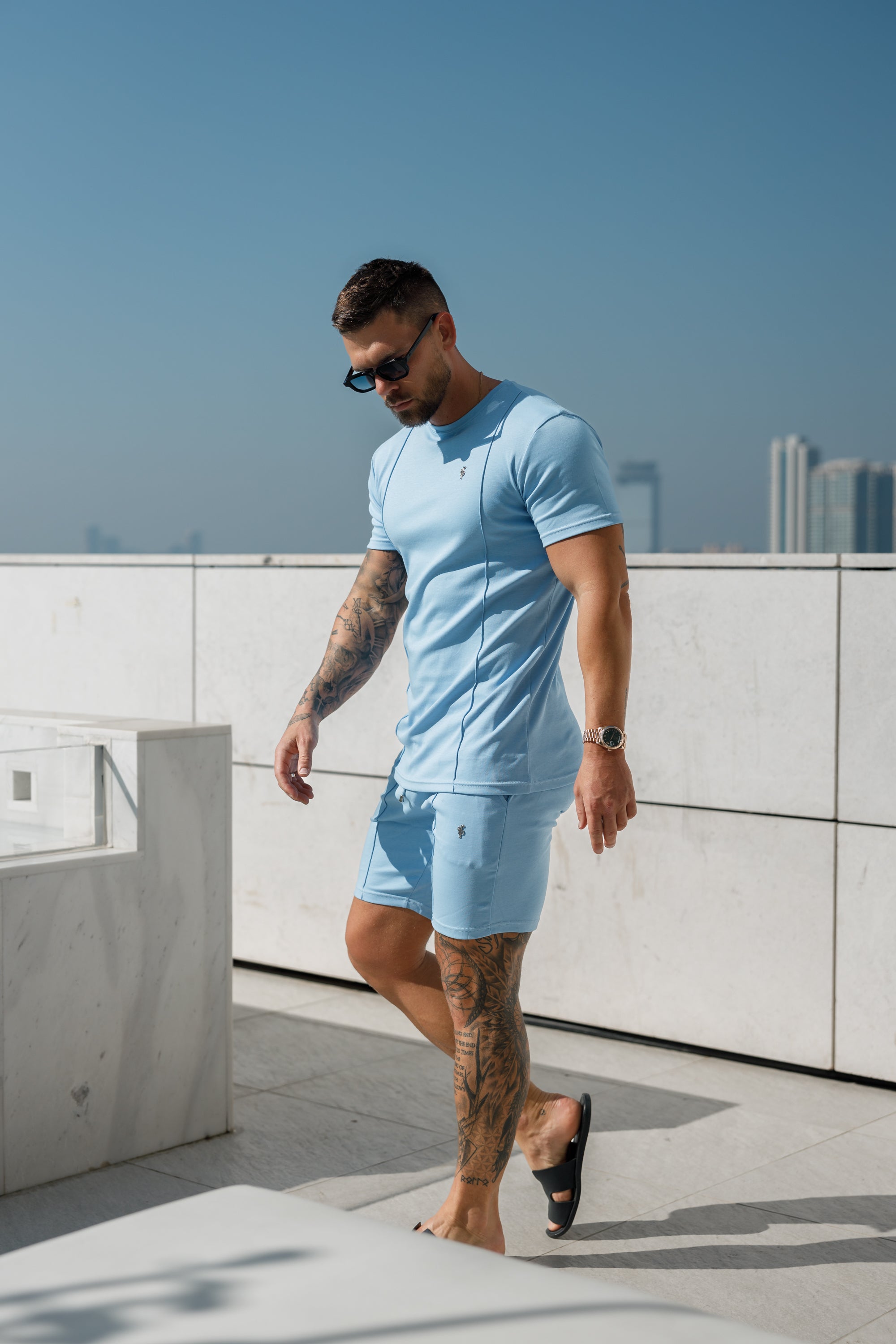Light Blue / Silver Crew T Shirt With Pintuck Detail - FSH1051