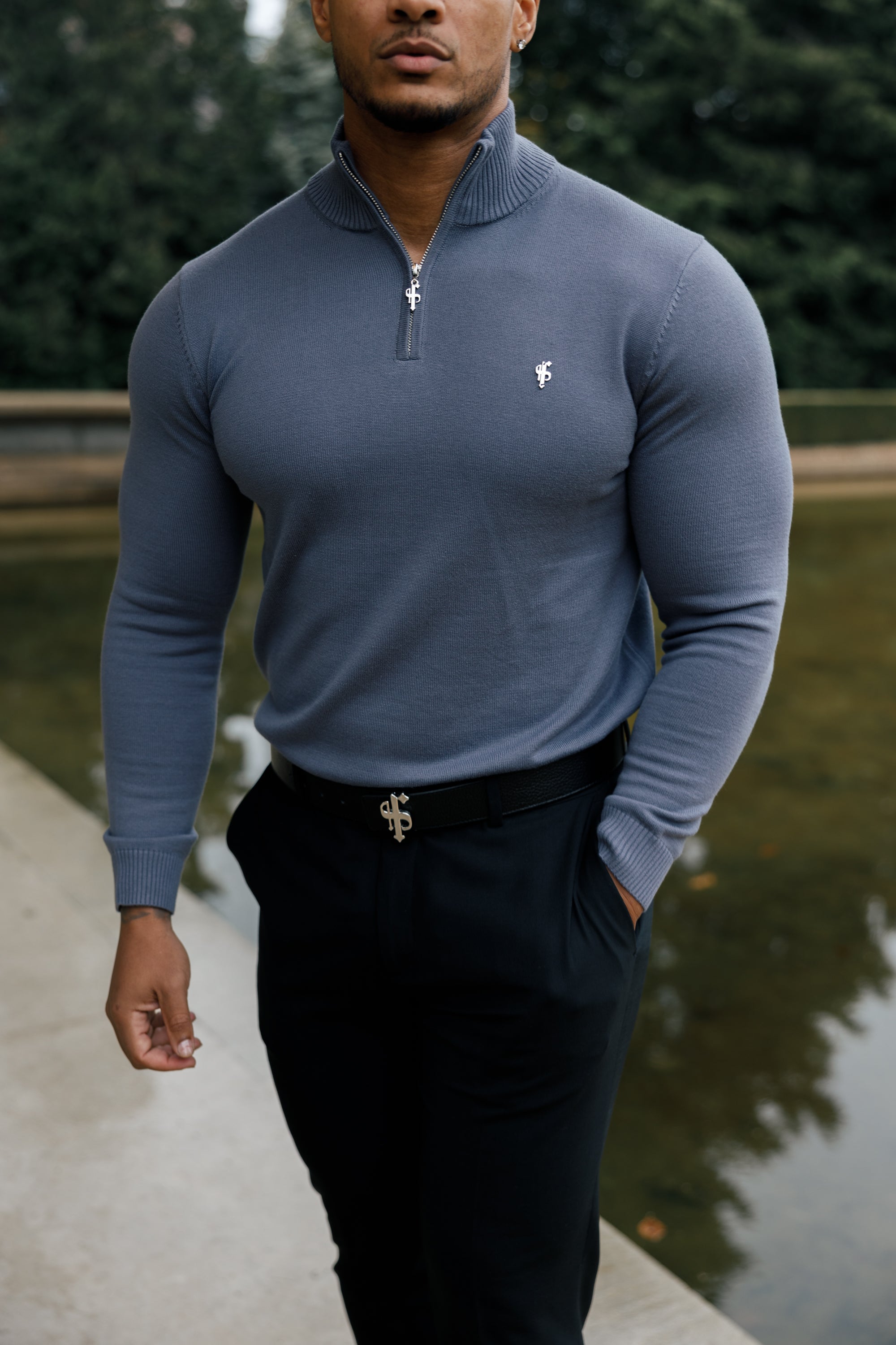 Gunmetal Funnel Neck 1/2 Zip Knitted Jumper - FSN120