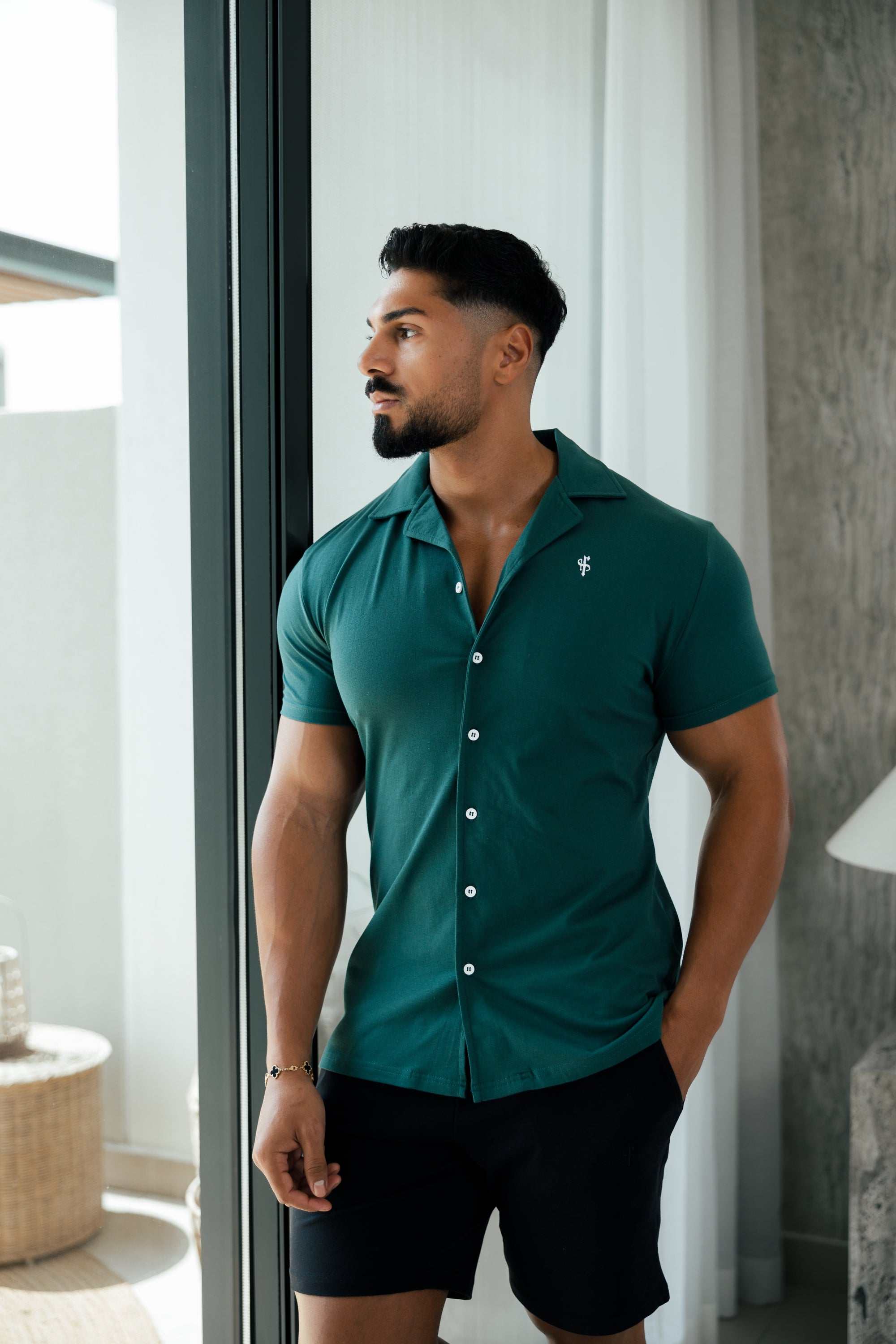 Stretch Green Pique Revere Shirt Short Sleeve - FSH1076