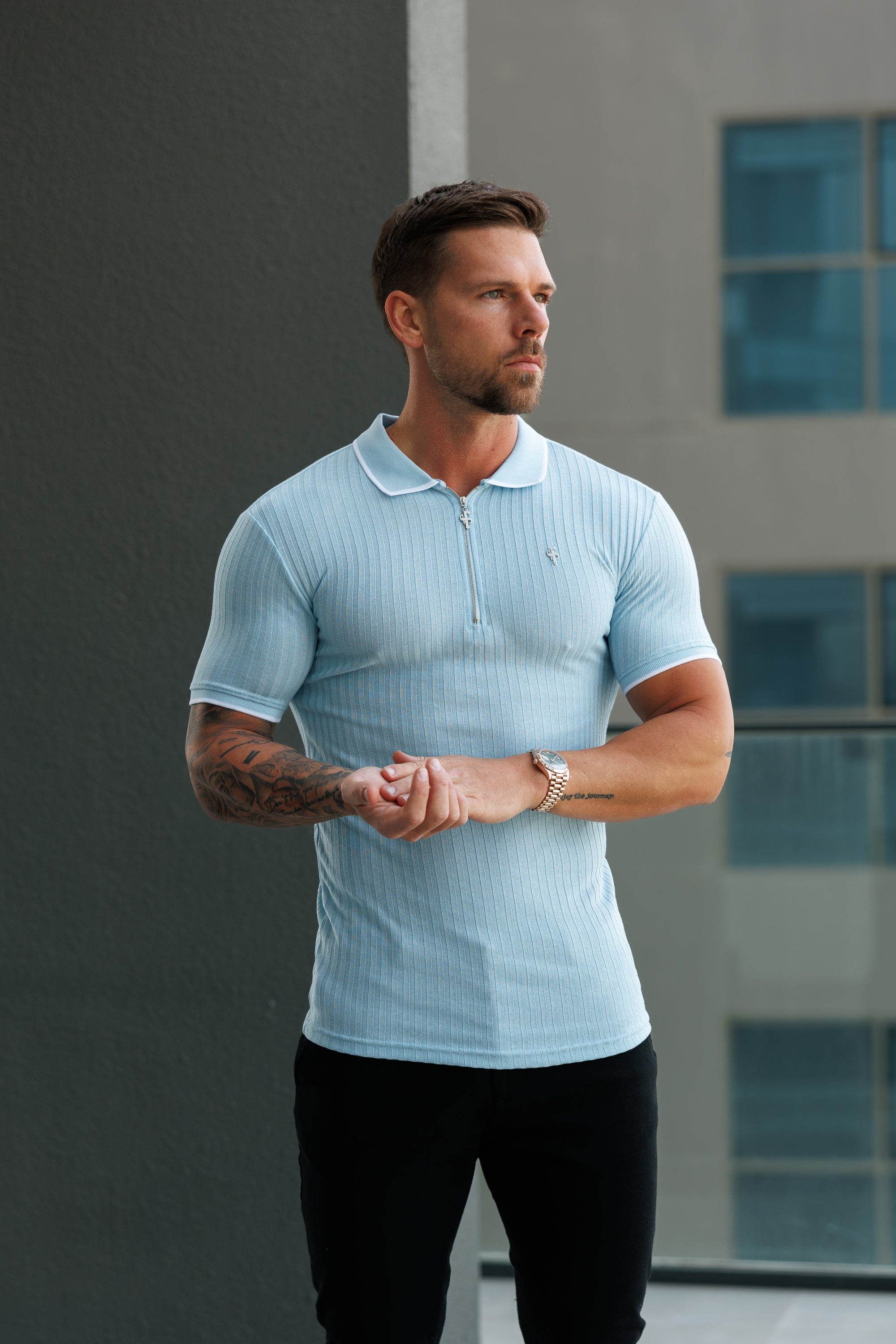 Classic Powder Blue Ribbed Zip Polo with Contrast Short Sleeve - FSH1106
