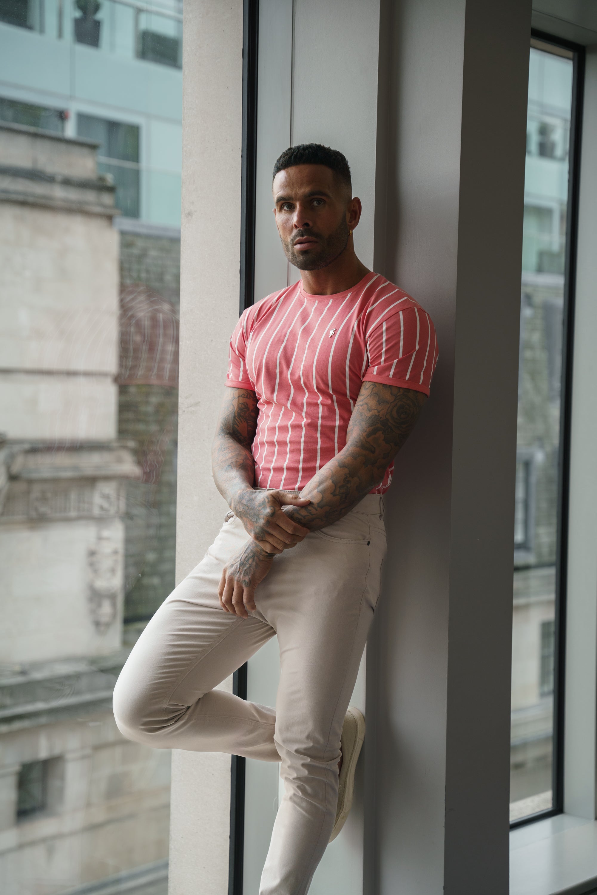 Printed Coral / White Stripe Fitted T Shirt - FSH1171