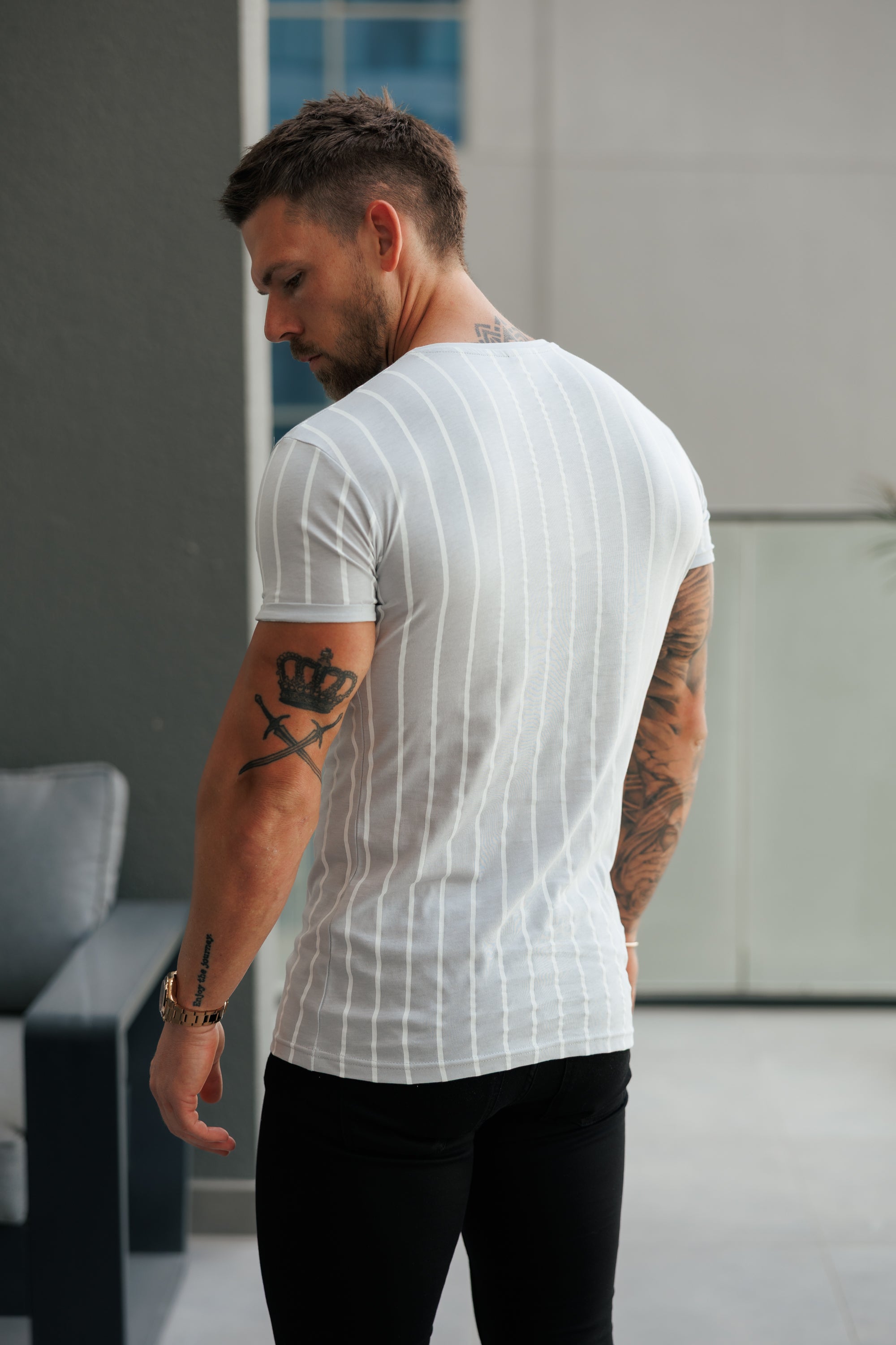 Printed Light Grey / White Stripe Fitted T Shirt - FSH1172