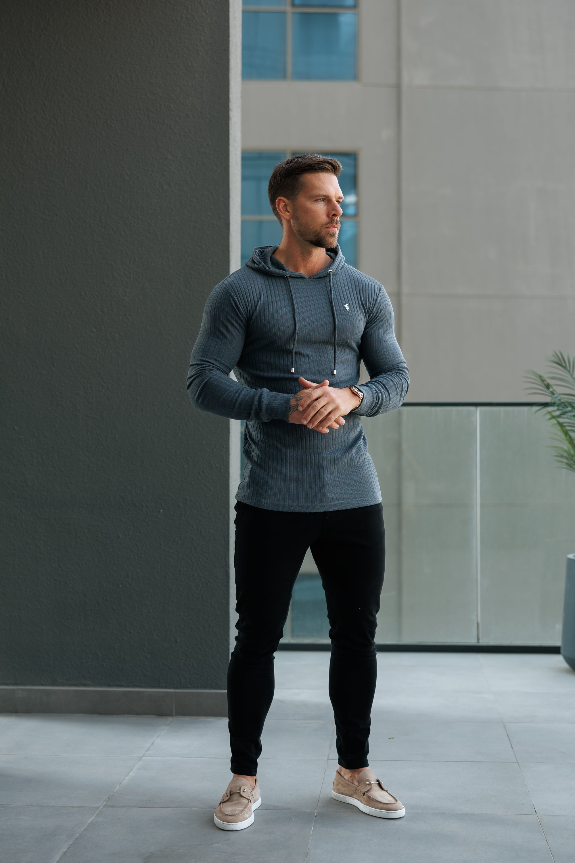 Classic Charcoal Ribbed Knit Hoodie Jumper With Silver Emblem - FSH1309