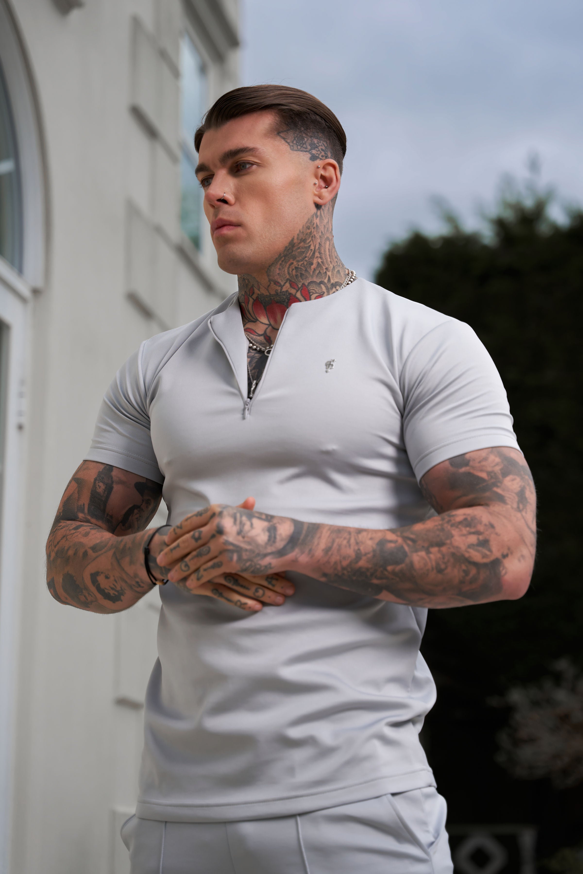 Scuba Light Grey / Silver Crew T Shirt With Zip Detail Short Sleeve - FSH1034