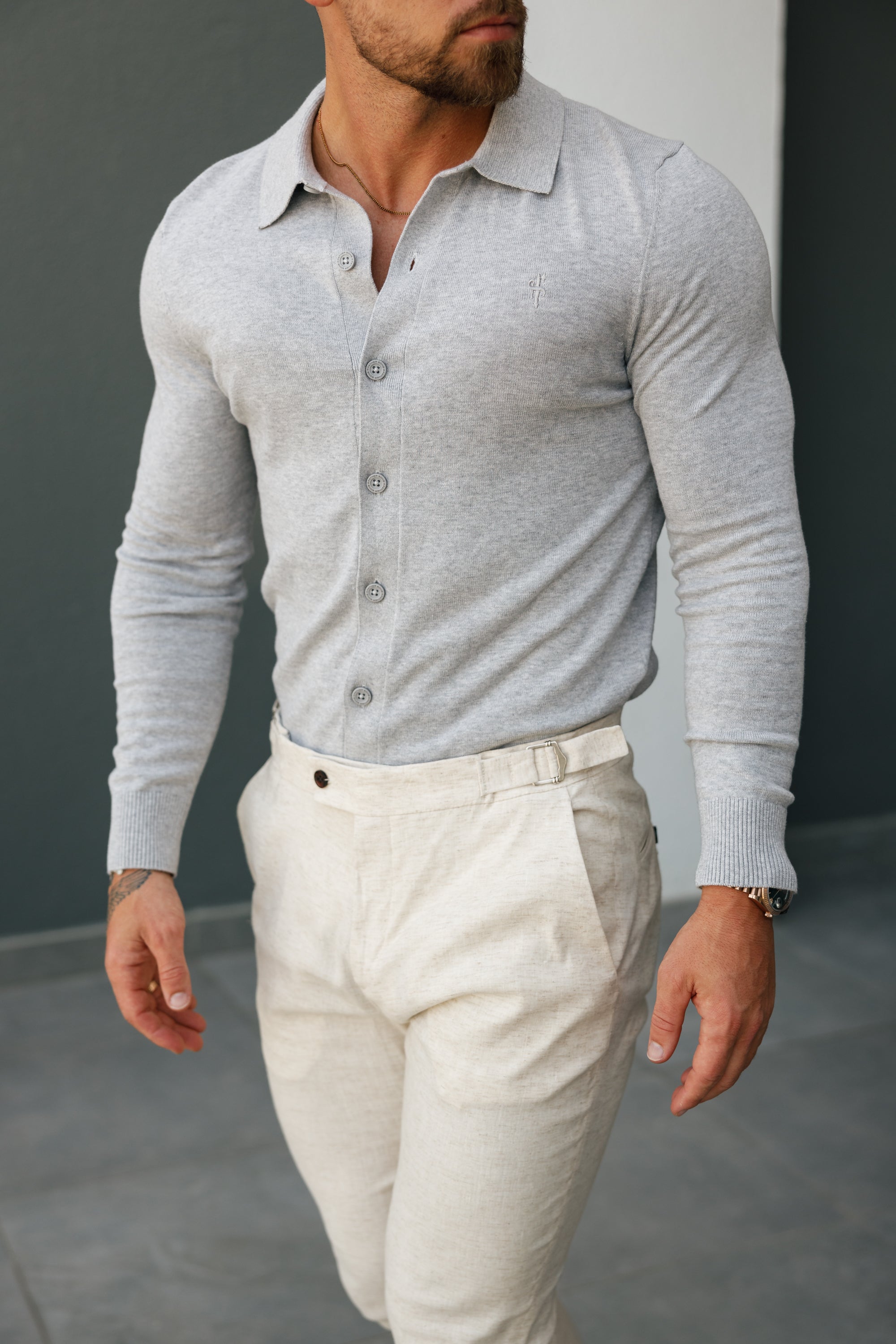 Classic Plain Light Grey Knitted Button Through Polo Long Sleeve - FSN167