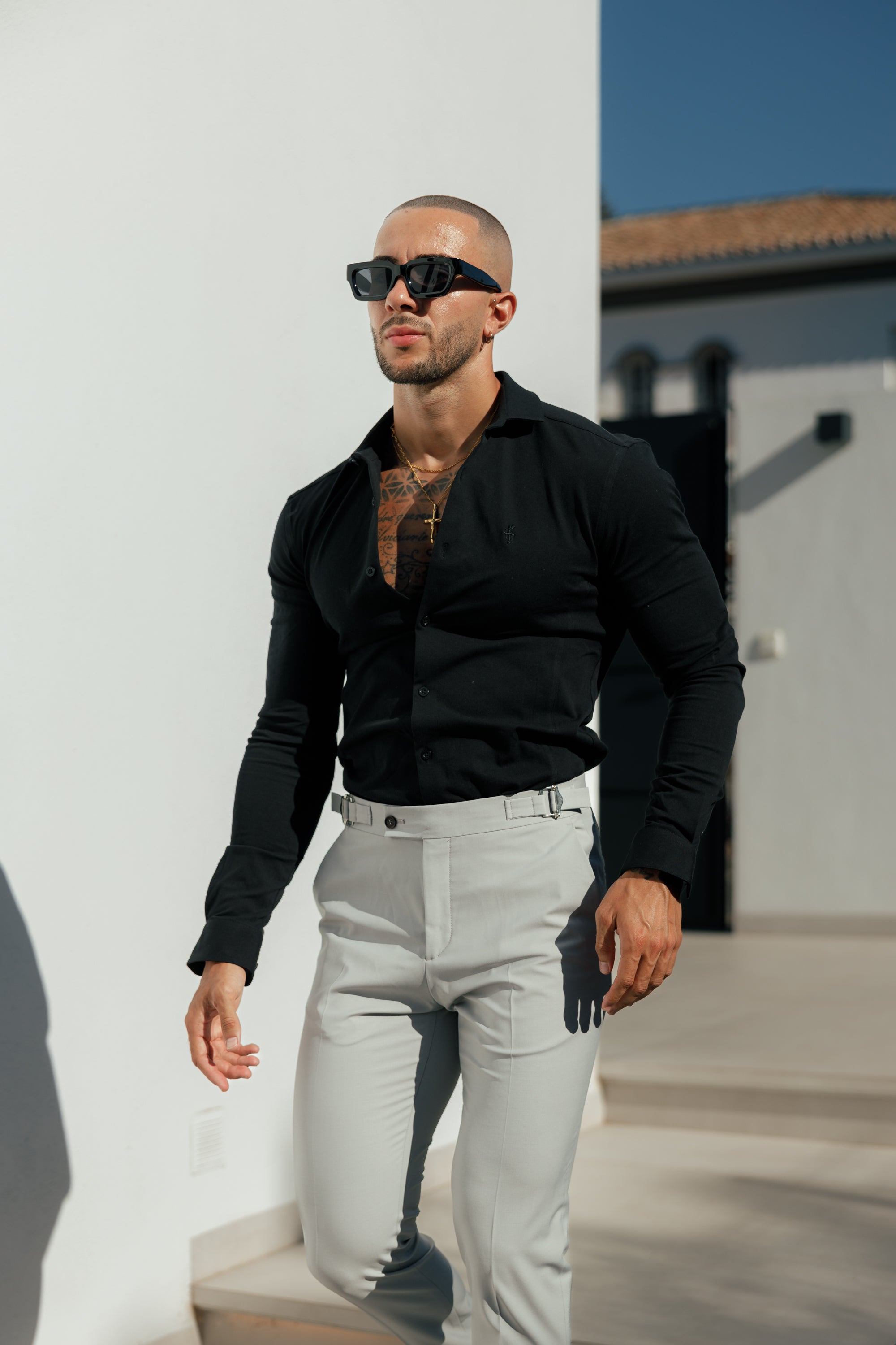 Super Slim Stretch Black Side Panel Shirt LS - FS1087