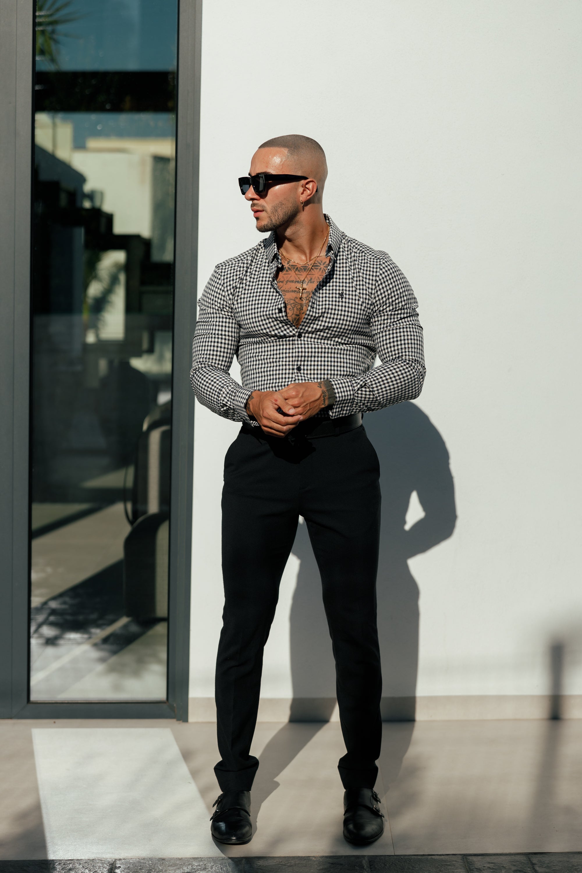 Super Slim Stretch White / Black Check Long Sleeve with Button Down Collar - FS1069