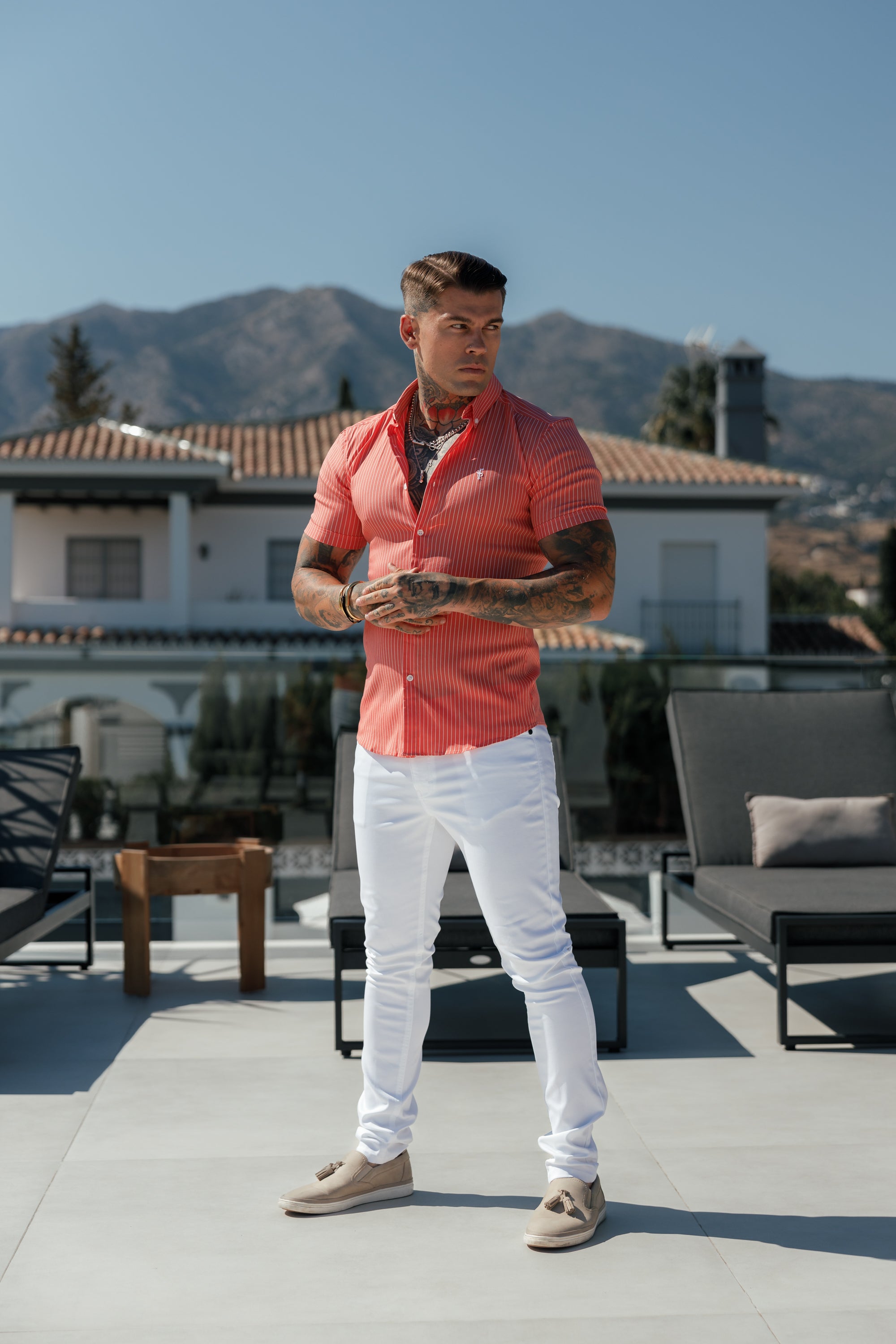 Super Slim Stretch Coral Printed Pinstripe Short Sleeve with Button Down Collar - FS1062