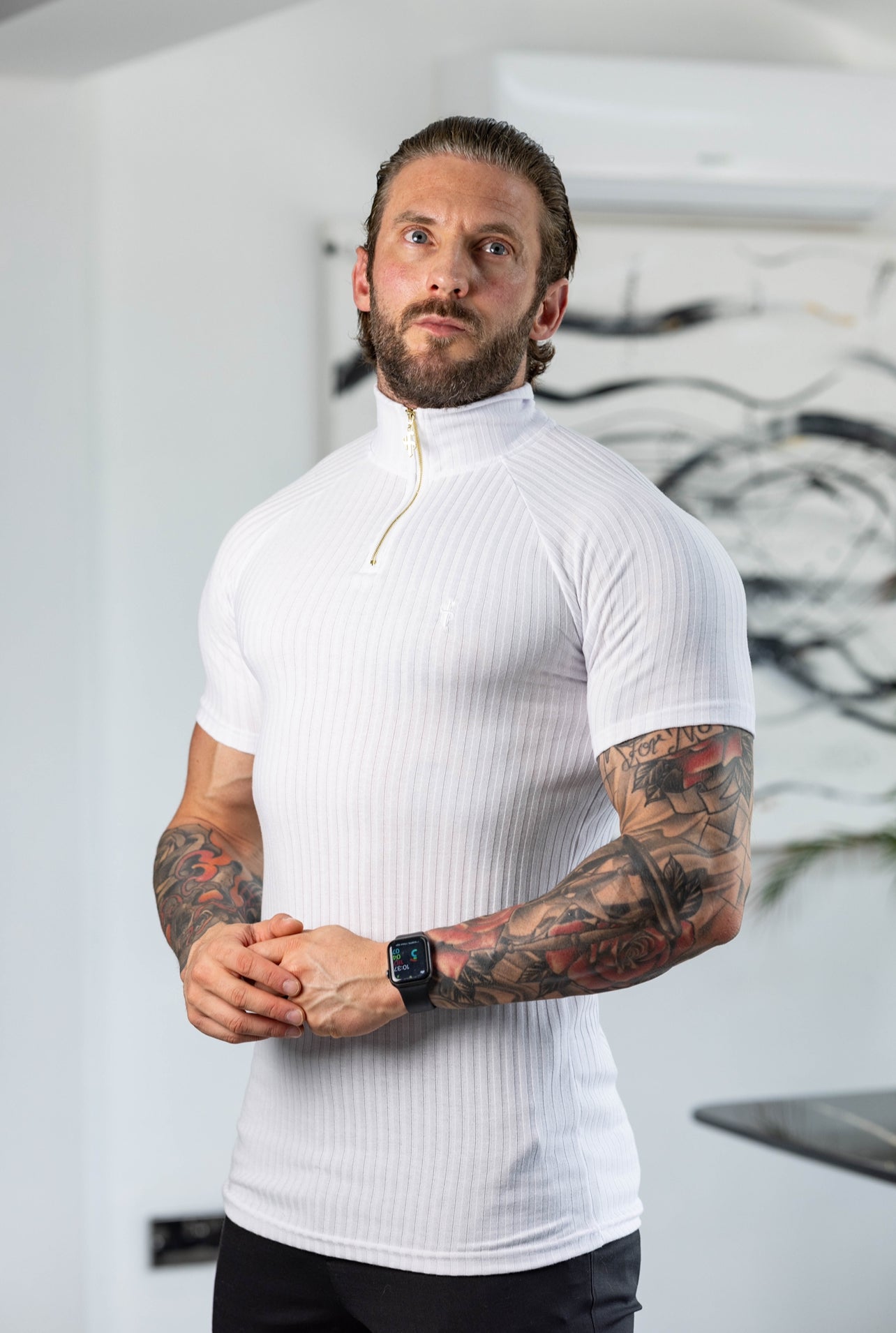 Classic White / Gold Ribbed Zip Funnel Neck Raglan Short Sleeve Crew - FSH1266