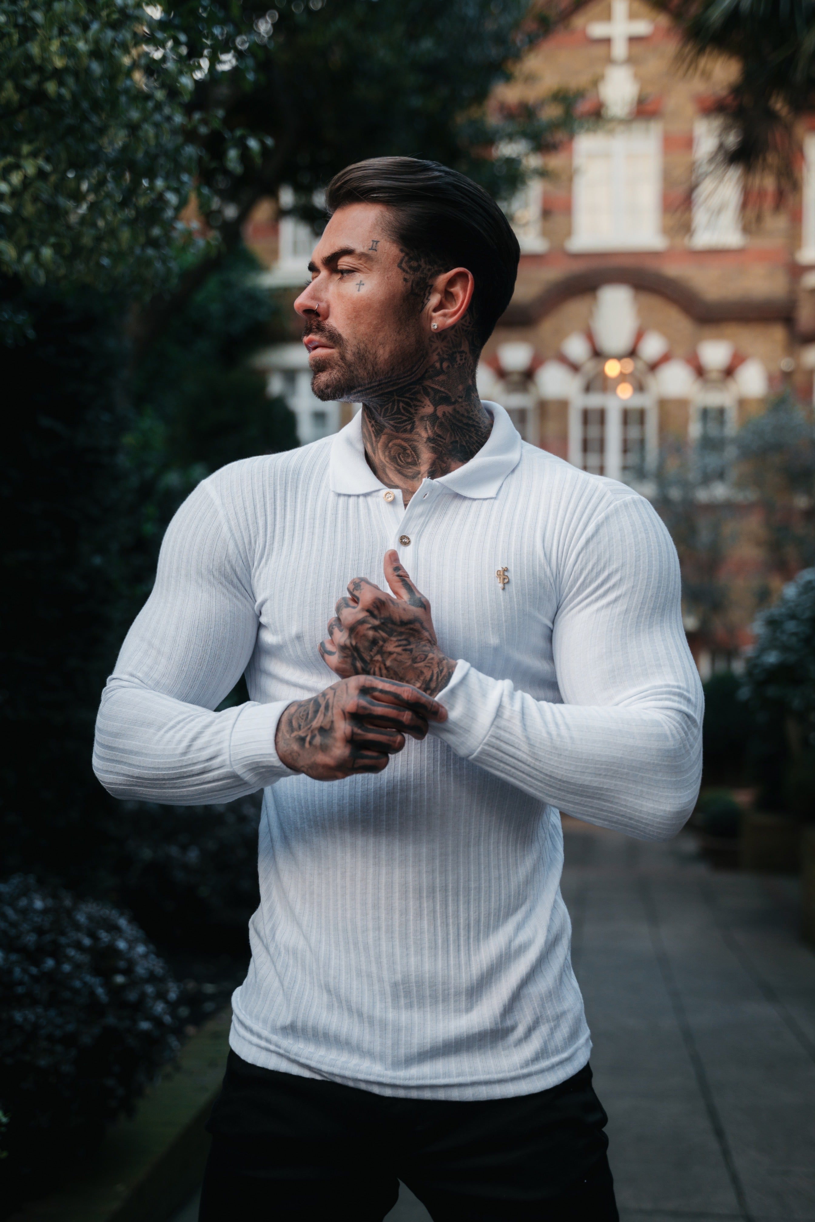 Classic White Ribbed Polo Shirt Long Sleeve With Gold Decal - FSH975