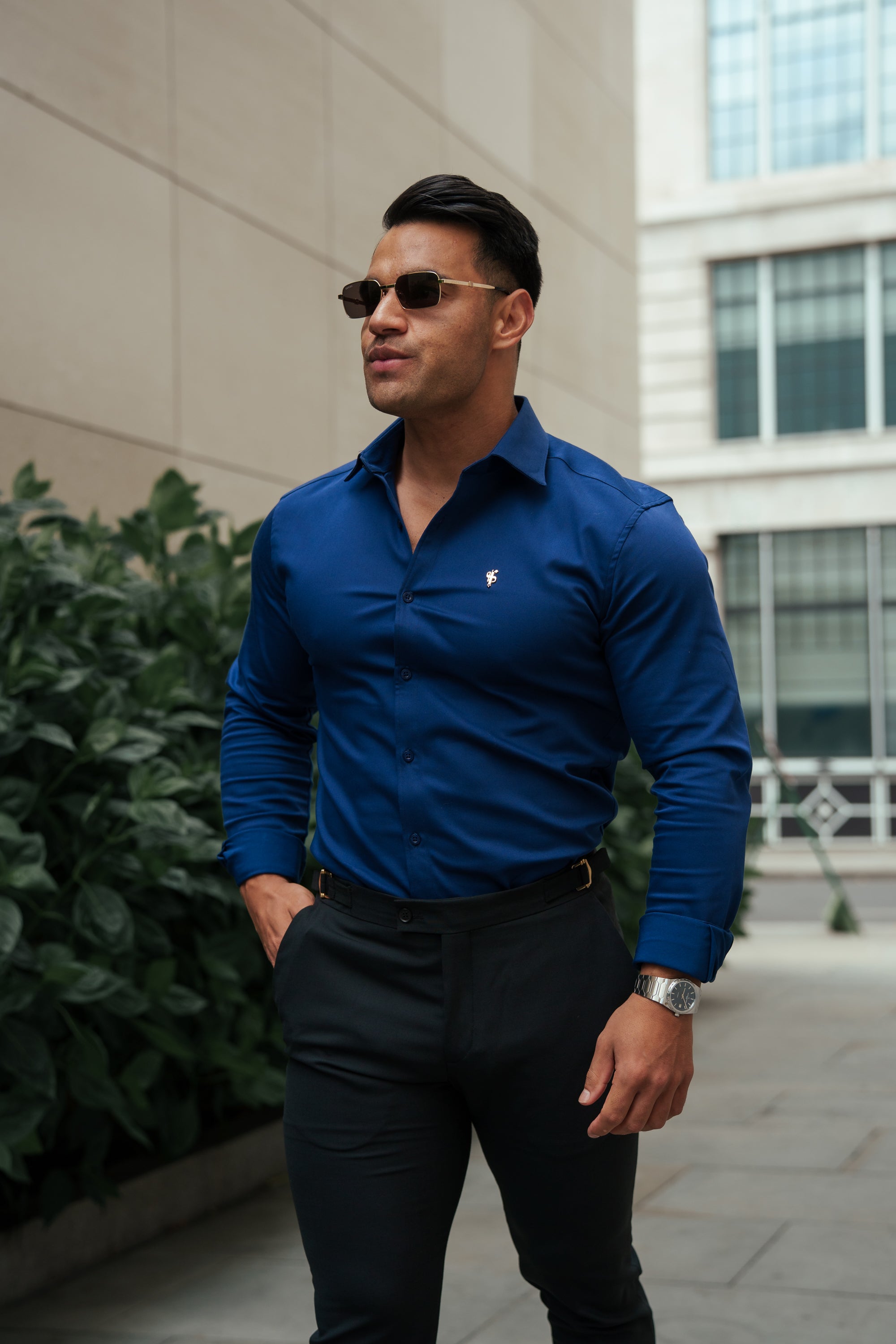 Super Slim Stretch Navy Denim Long Sleeve with Cutaway Collar - FS1149