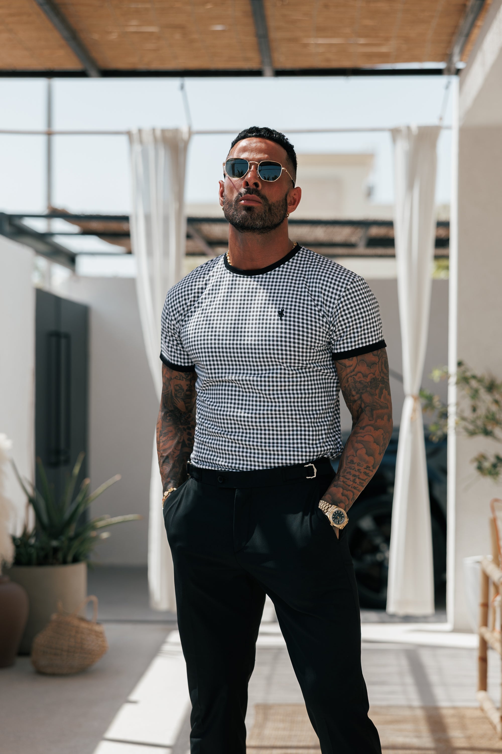 Printed Black / White Check Fitted T Shirt - FSH1238