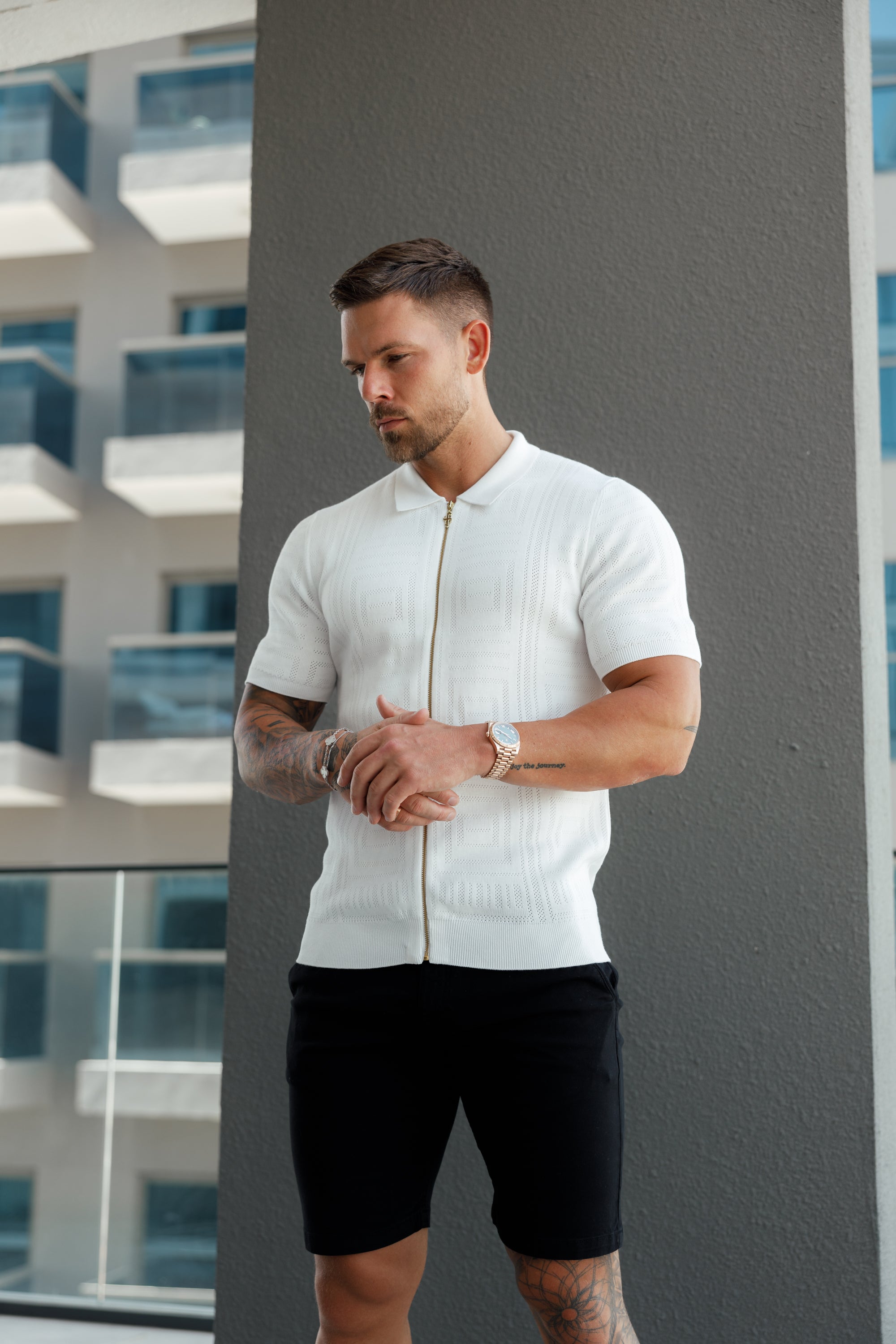 Classic Knitted Geo Design With Full Length Zip Off White Short Sleeve - FSN148