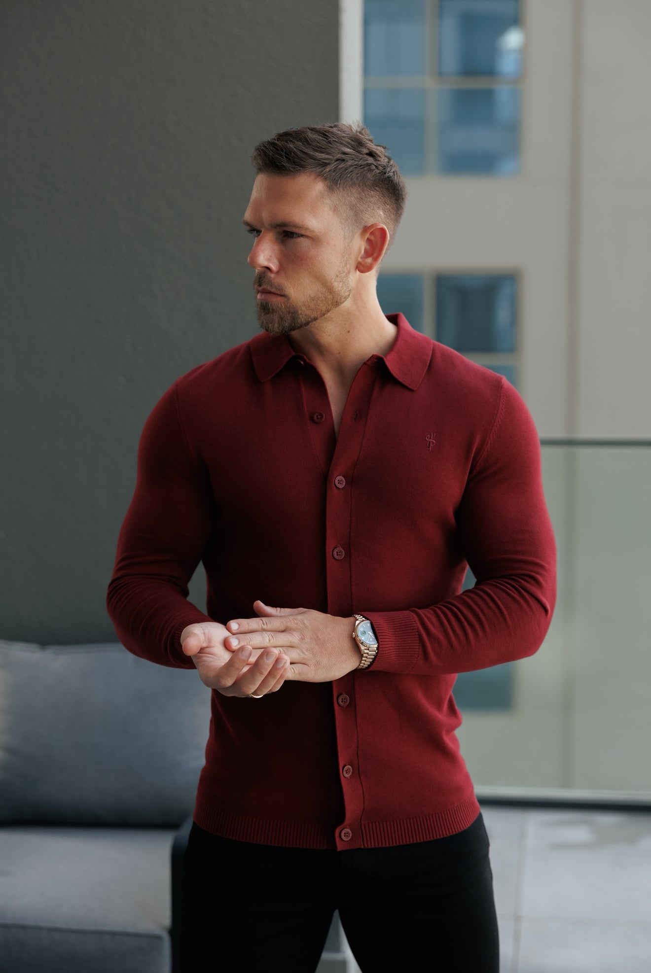 Classic Plain Burgundy Knitted Button Through Polo Long Sleeve - FSN214