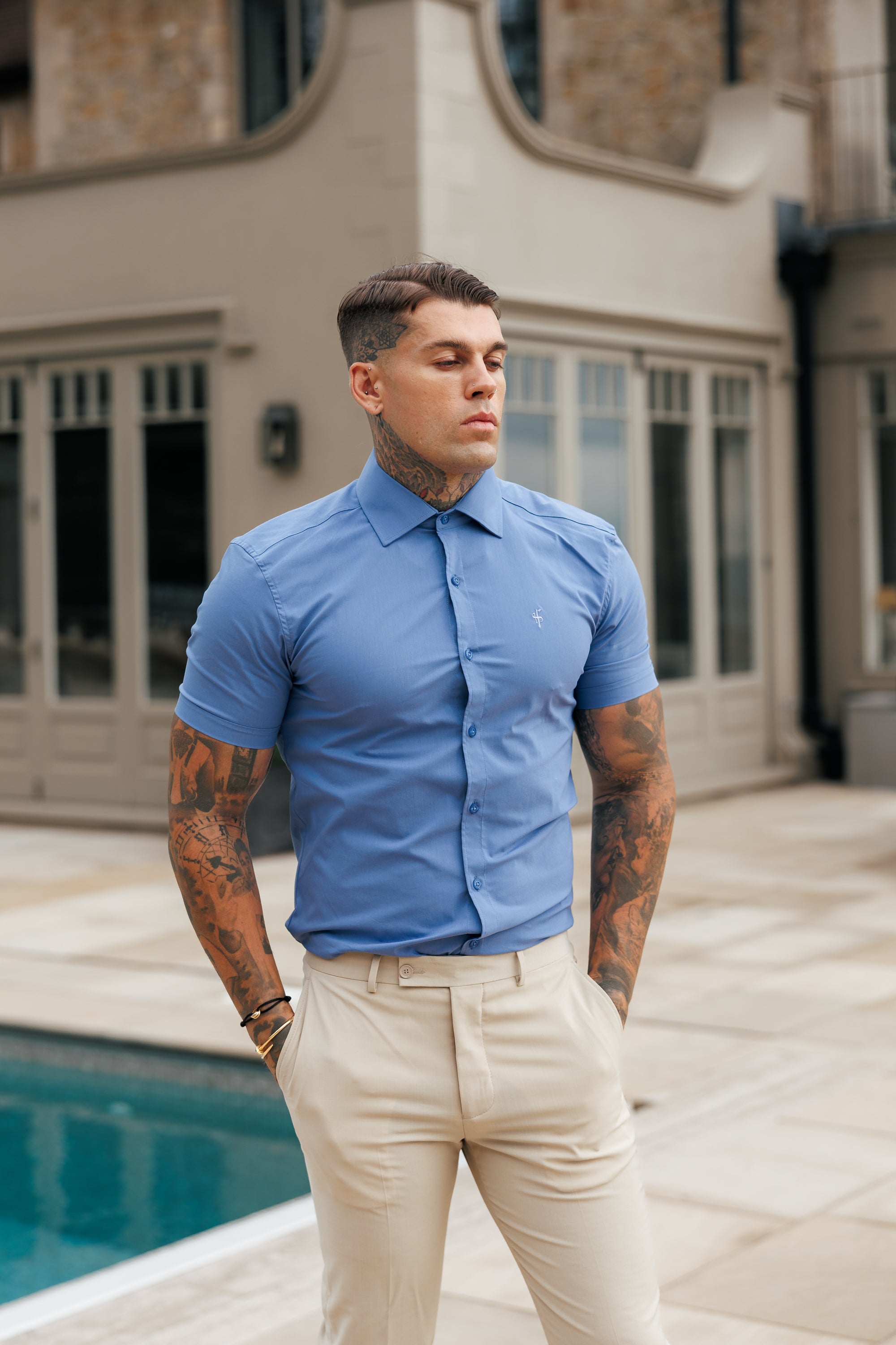 Muscle Fit Advanced Stretch Mid Blue Short Sleeve with Cutaway Collar - FS1203