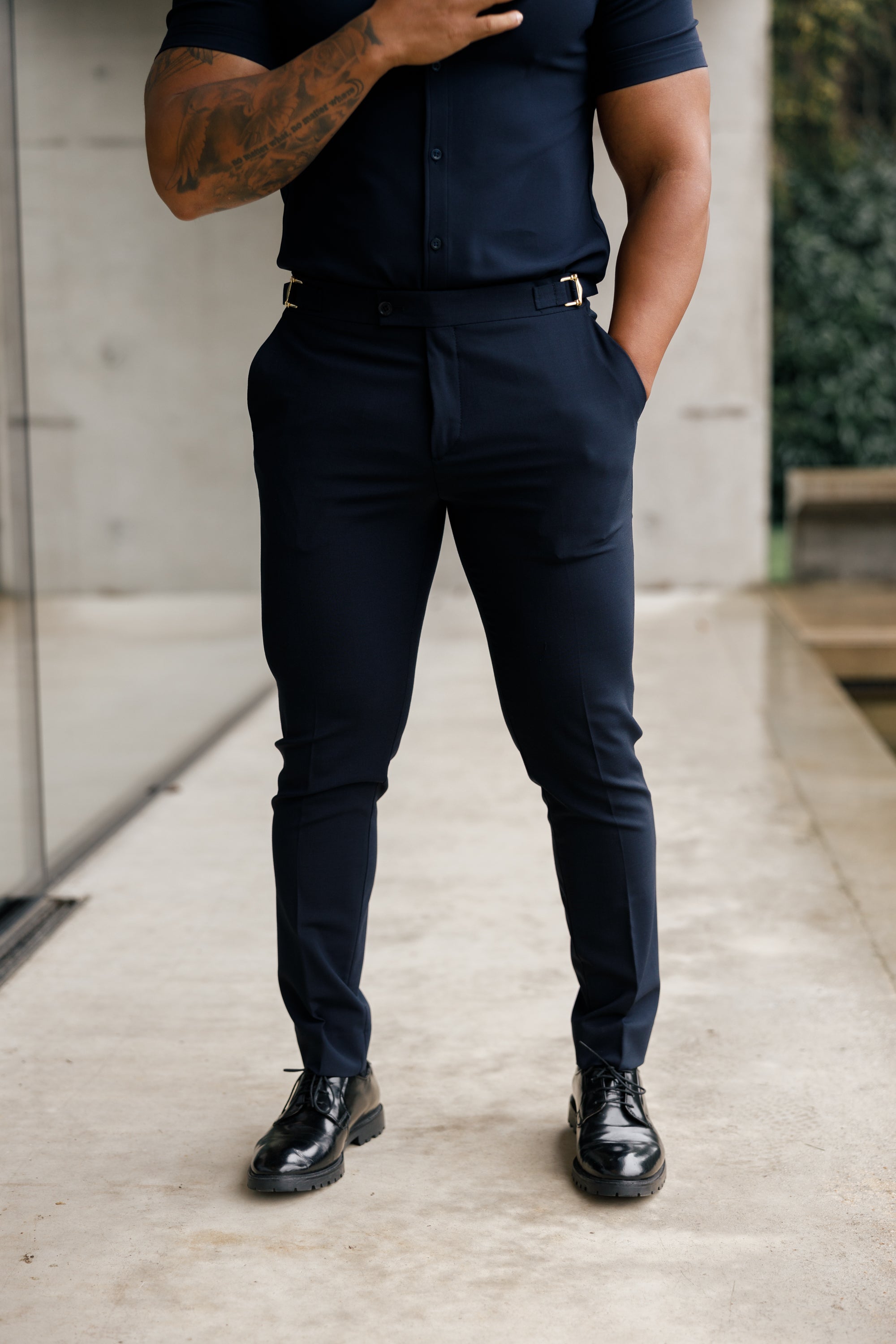 Slim Formal Navy Stretch Trousers With Gold Waist Adjusters - FST016