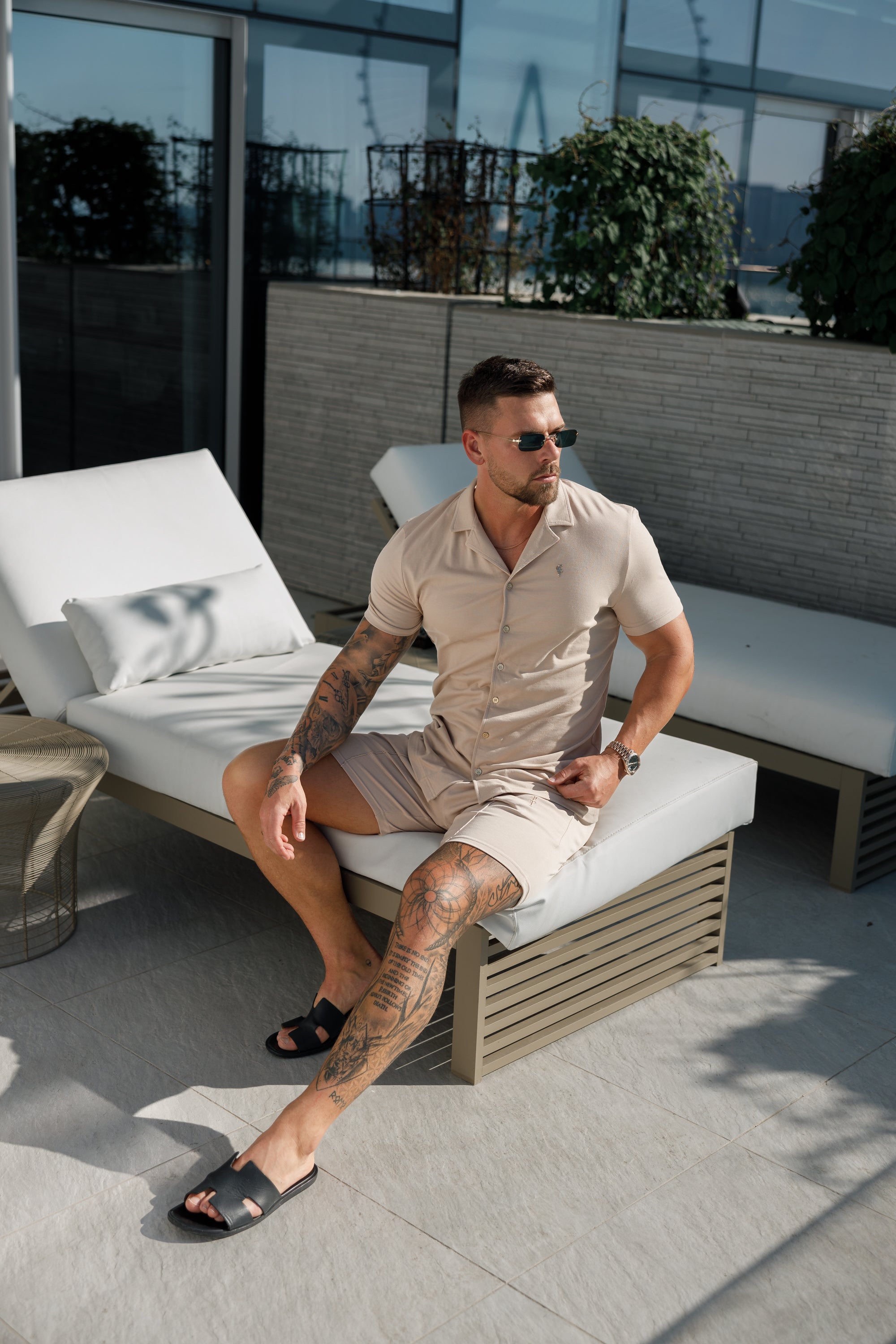 Stretch Beige / Gold Pique Revere Shirt Short Sleeve - FSH1075