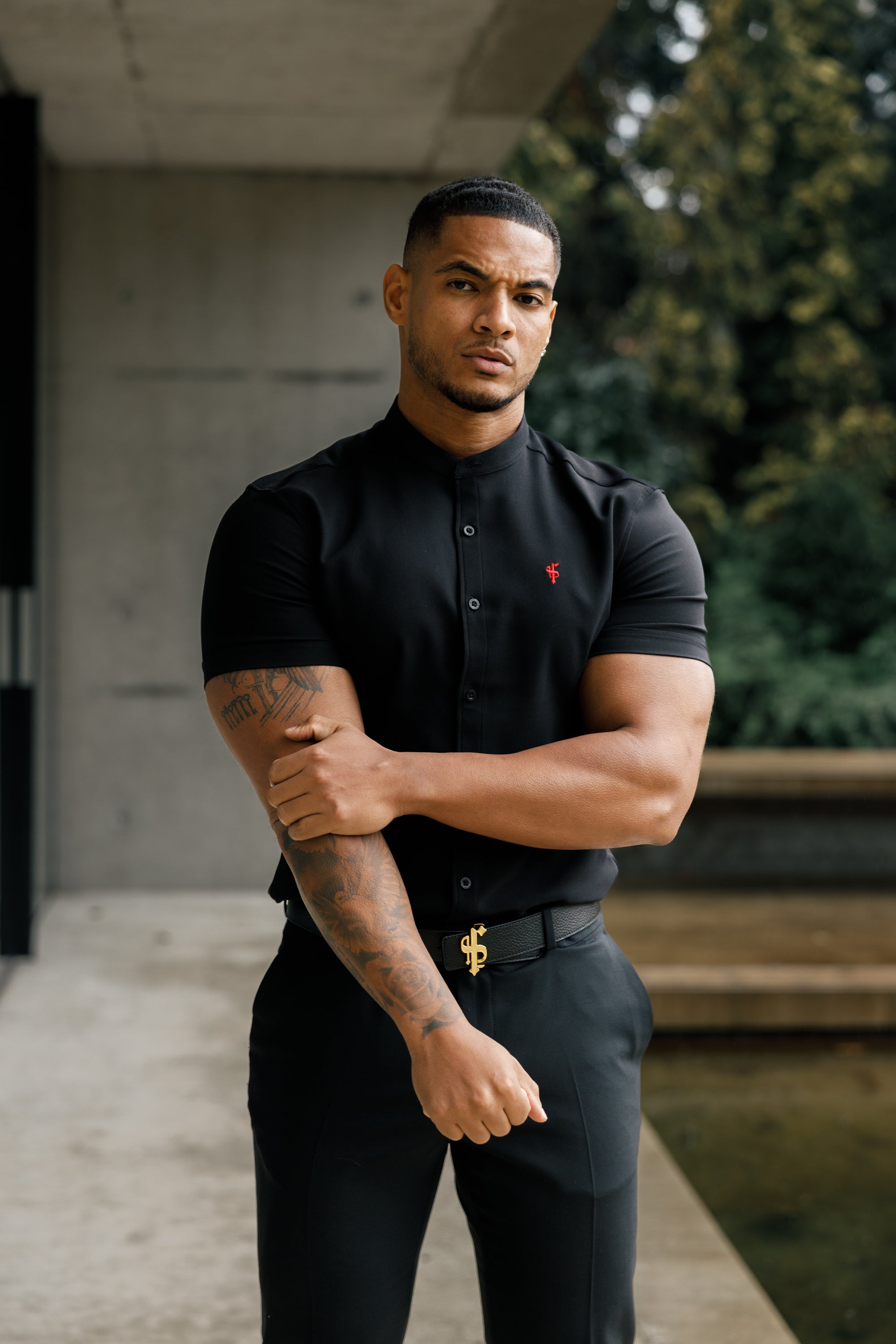 Super Slim Scuba Black Short Sleeve Stretch With Grandad Collar - FS930