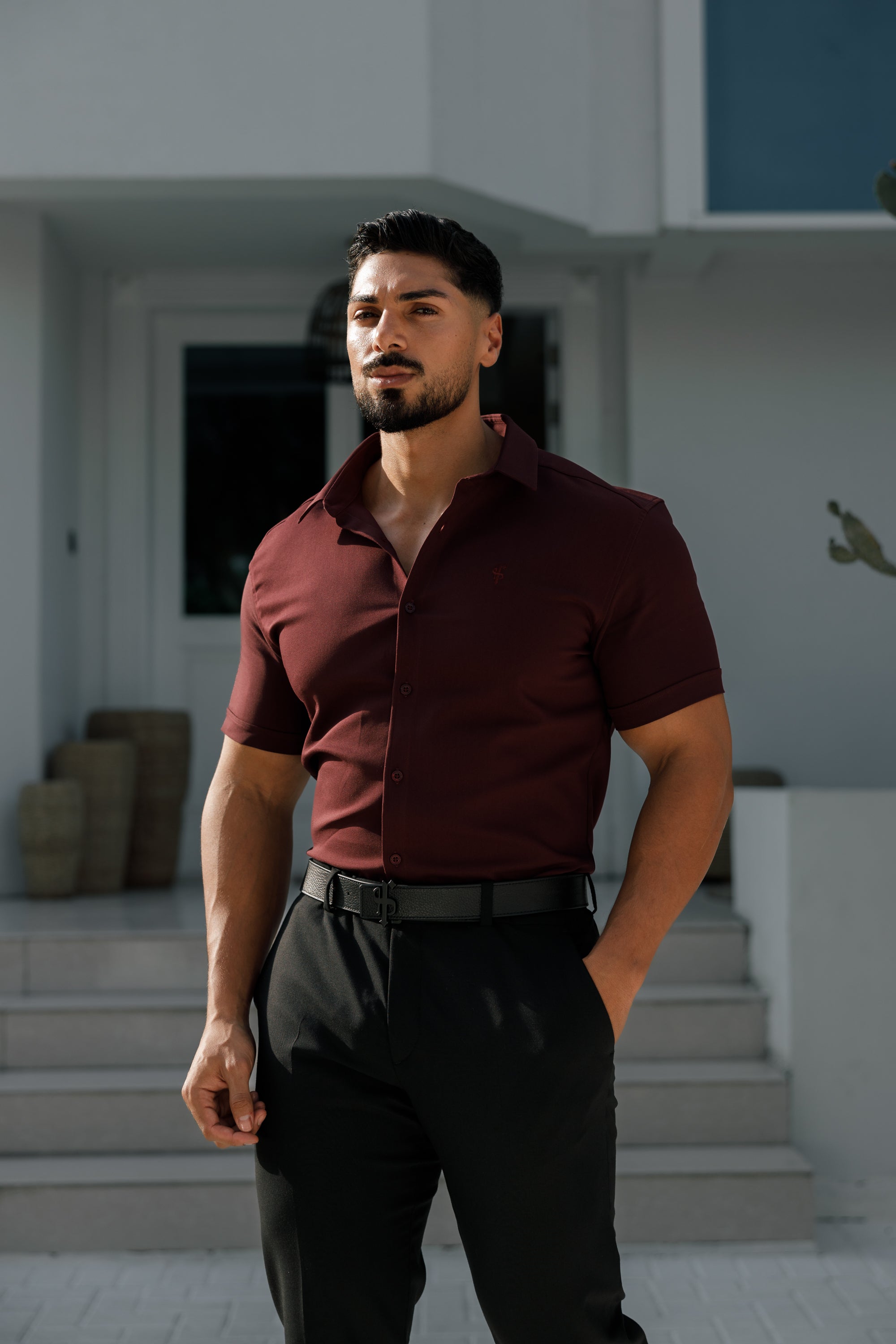Super Slim Scuba Burgundy Short Sleeve Stretch - FS1028