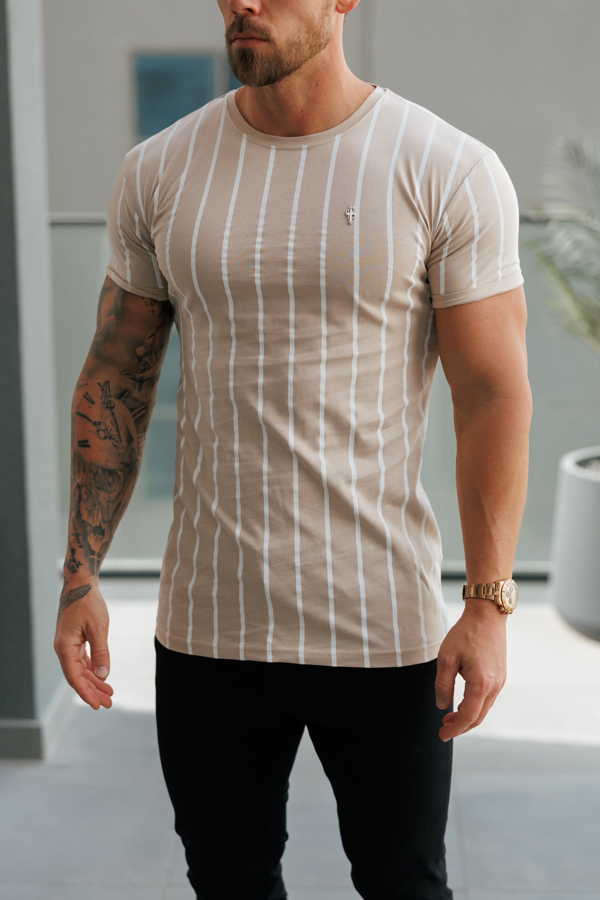 Printed Taupe / White Stripe Fitted T Shirt - FSH1170