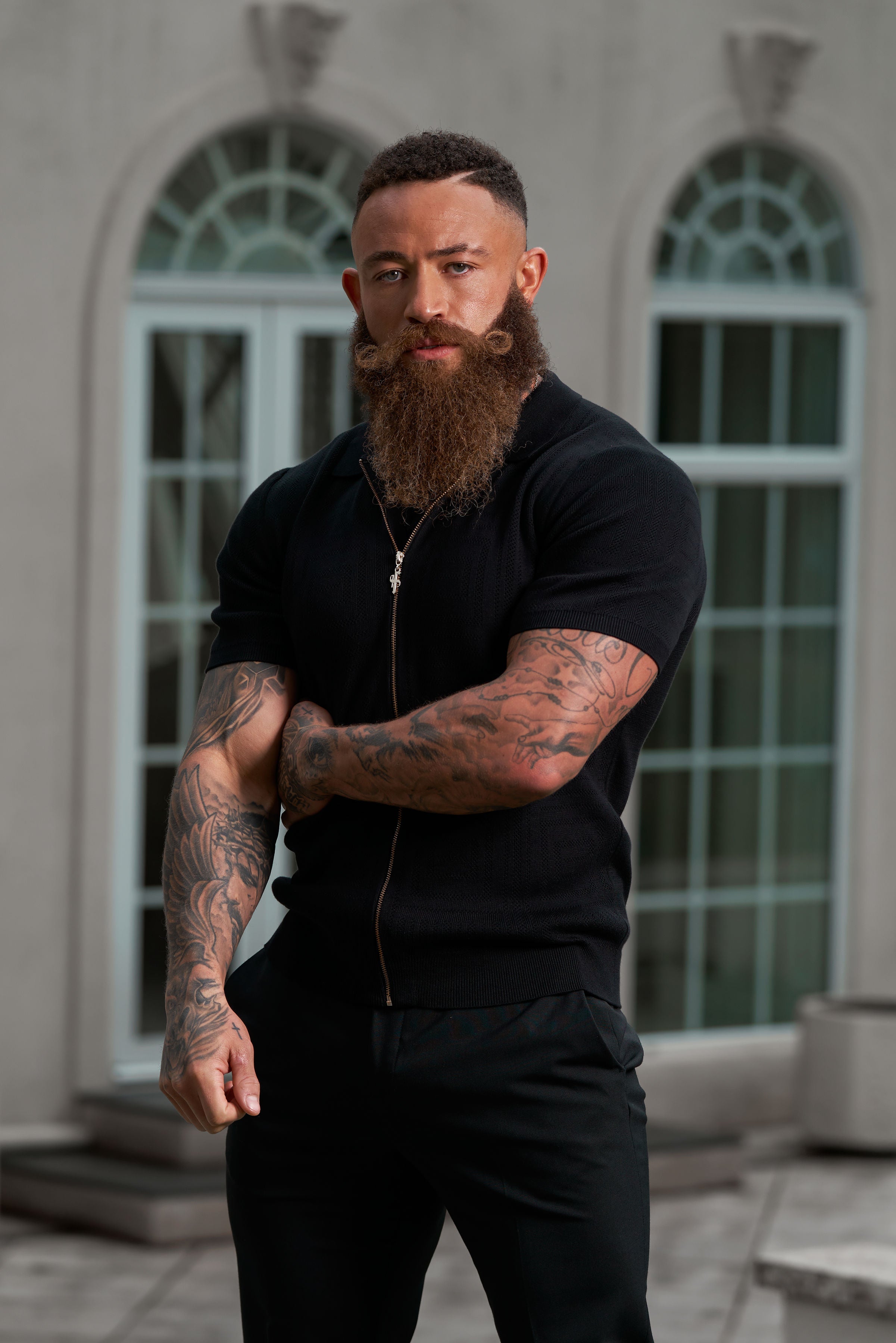 Classic Knitted Geo Design With Full Length Zip Black Short Sleeve - FSN147