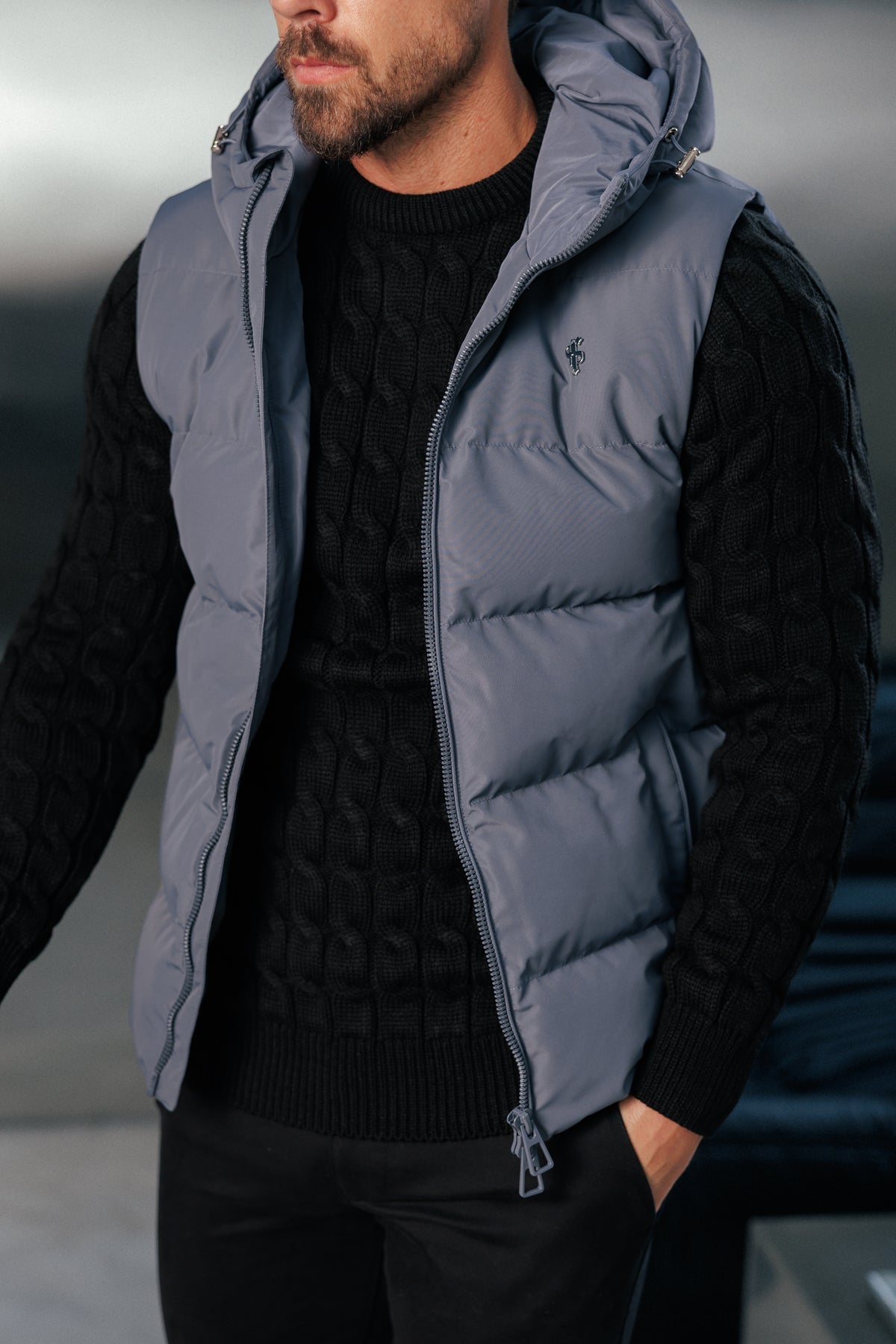 Charcoal Padded Hooded Gilet - FSN241 (PRE ORDER 24TH OCTOBER)