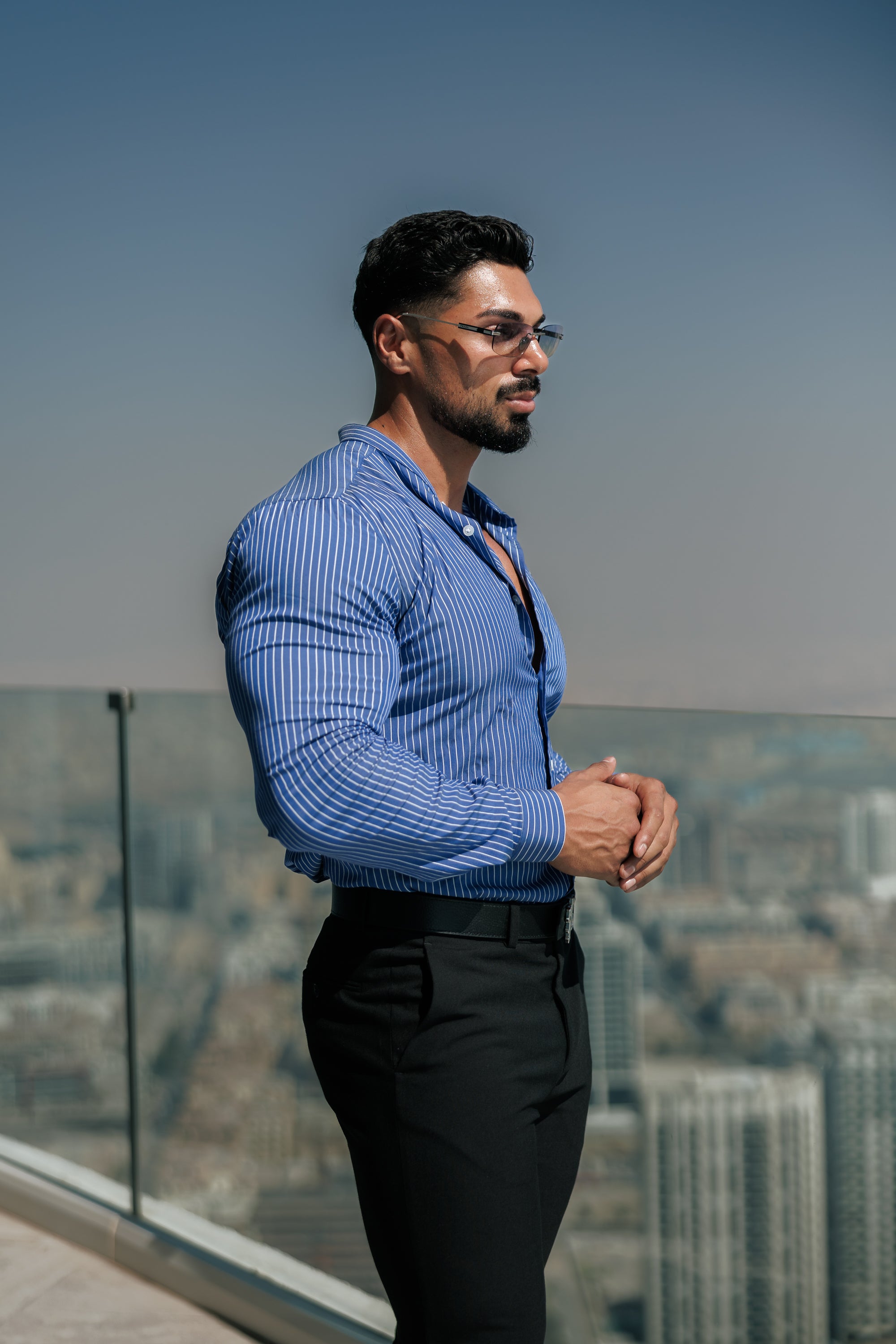 Super Slim Stretch Ocean Blue Printed Pinstripe Long Sleeve with Grandad Collar - FS1063