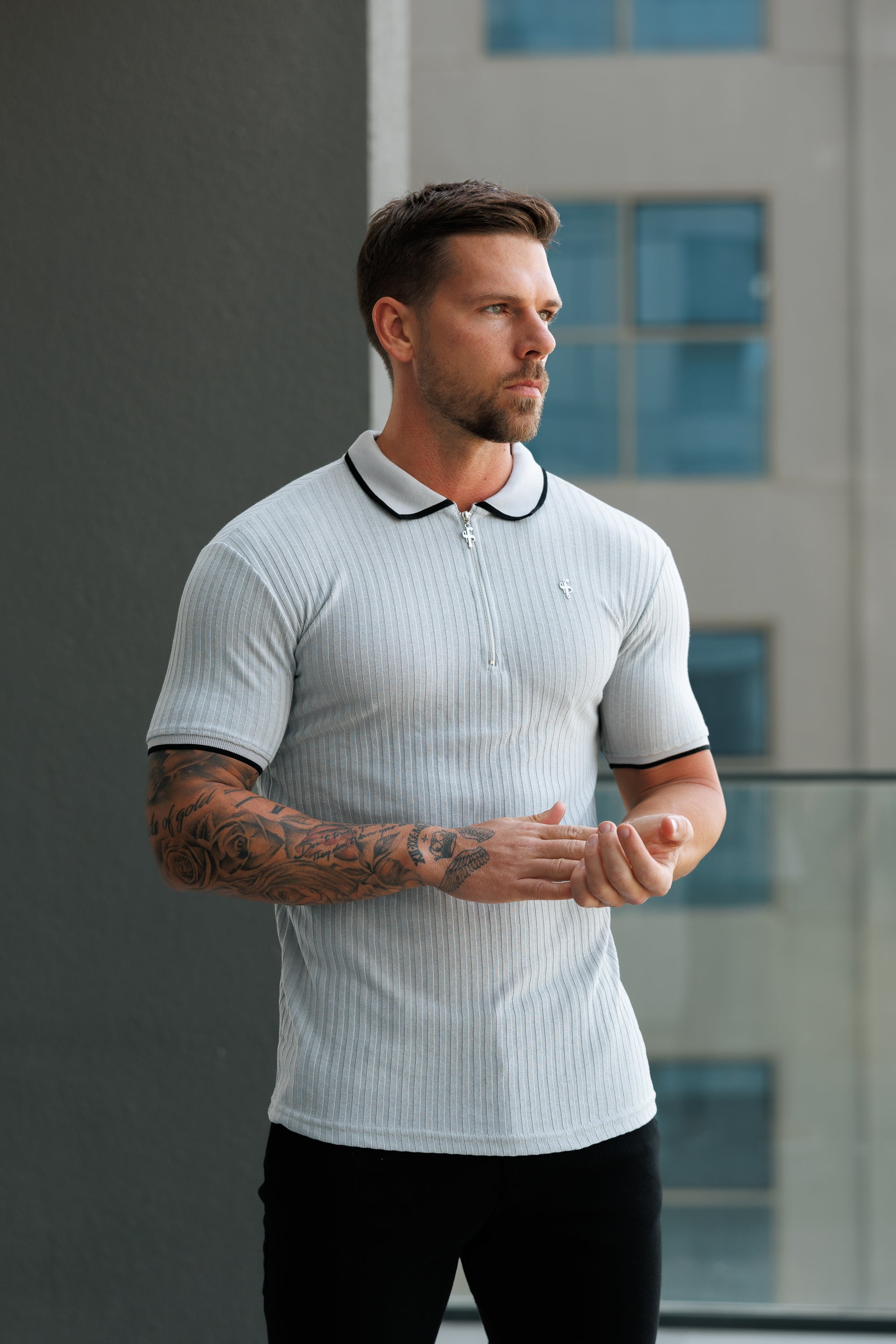 Classic Grey Ribbed Zip Polo with Contrast Short Sleeve - FSH1108
