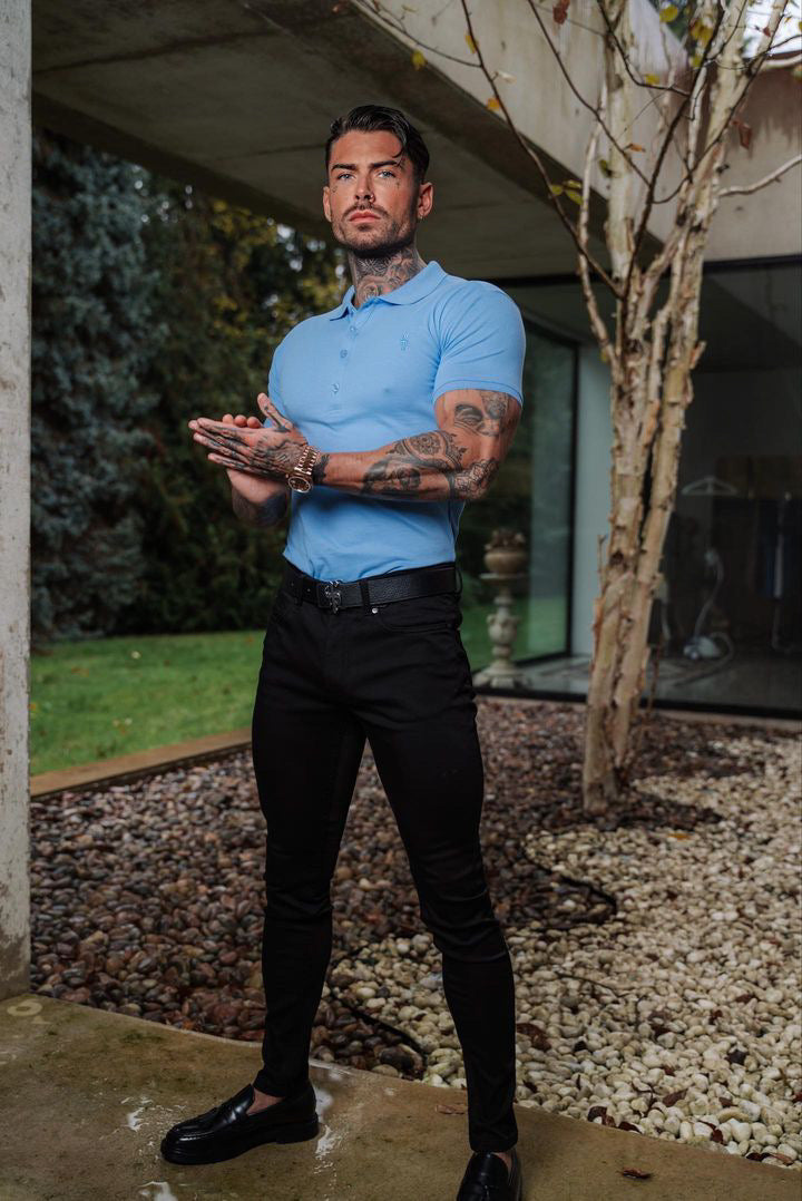 Classic Light Blue Polo Shirt with Tonal Button and Embroidery - FSH880