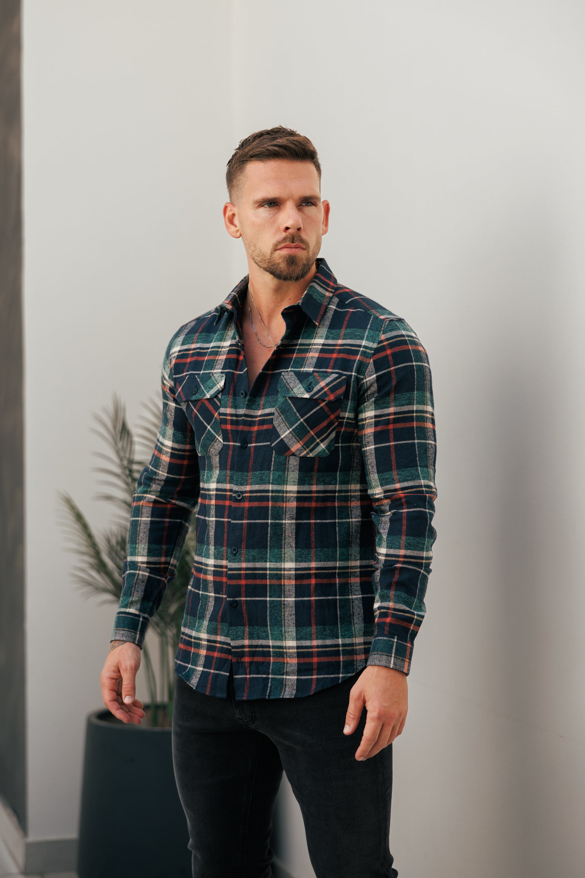 Navy / Green / Rust Check Shacket With Double Pockets - FS1198