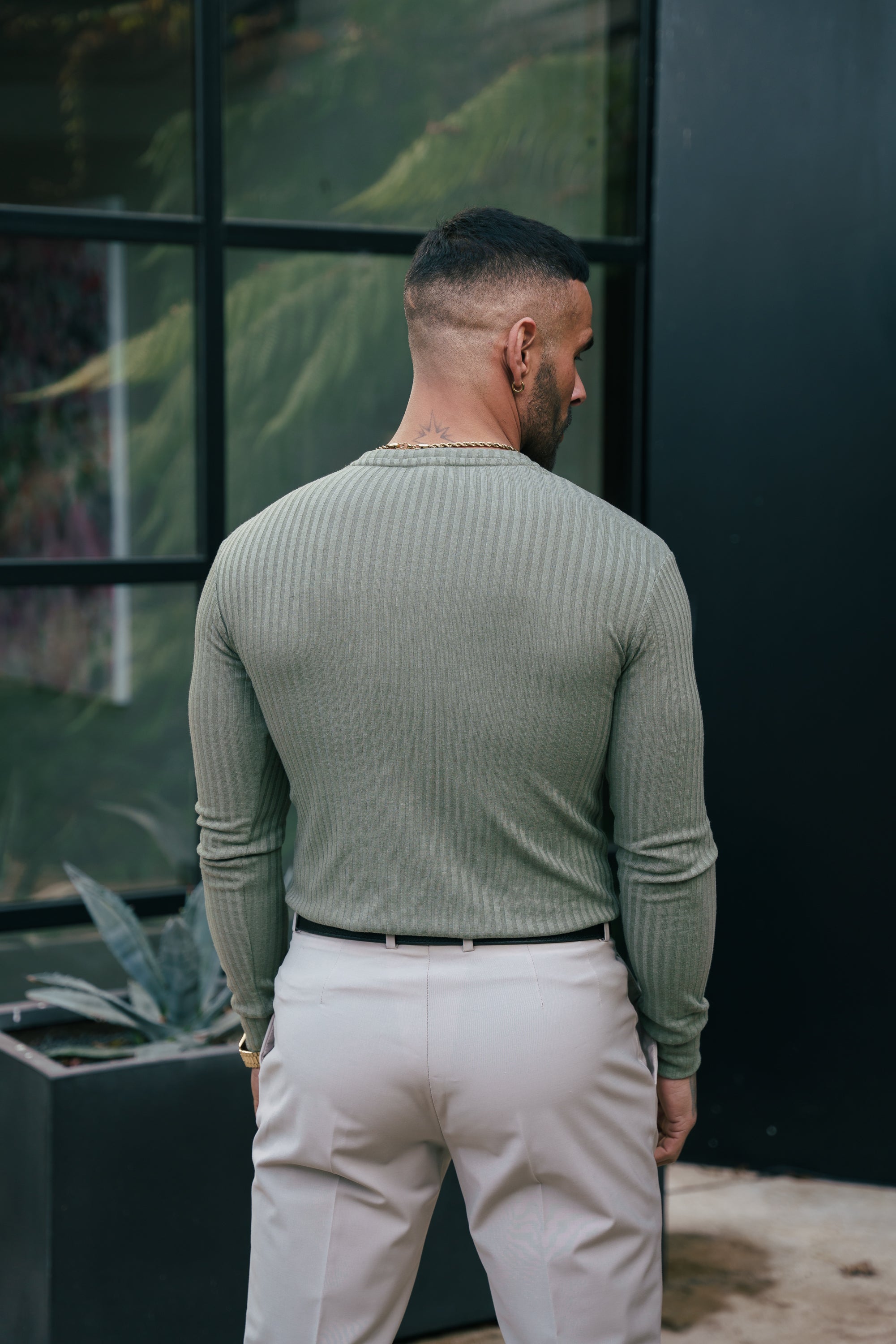 Classic Olive Ribbed Knit Jumper With Tonal Embroidery - FSH1285