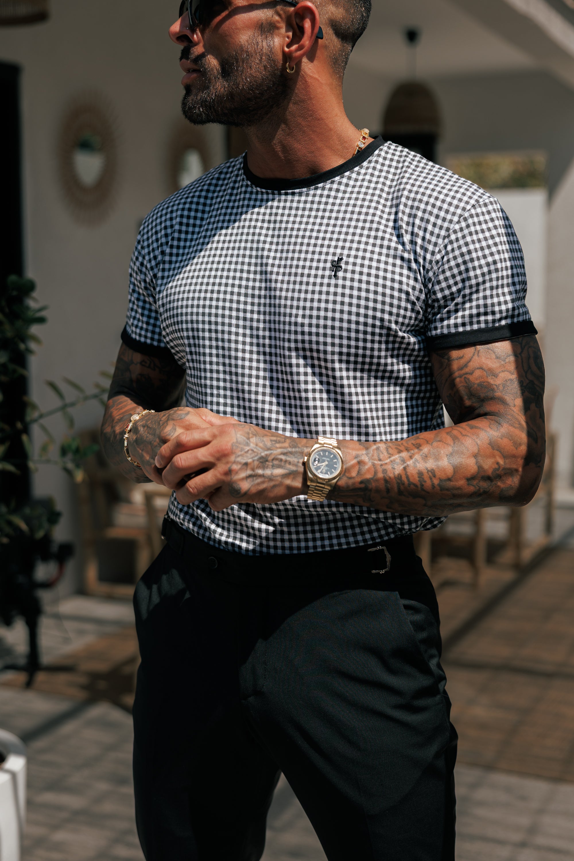 Printed Black / White Check Fitted T Shirt - FSH1238