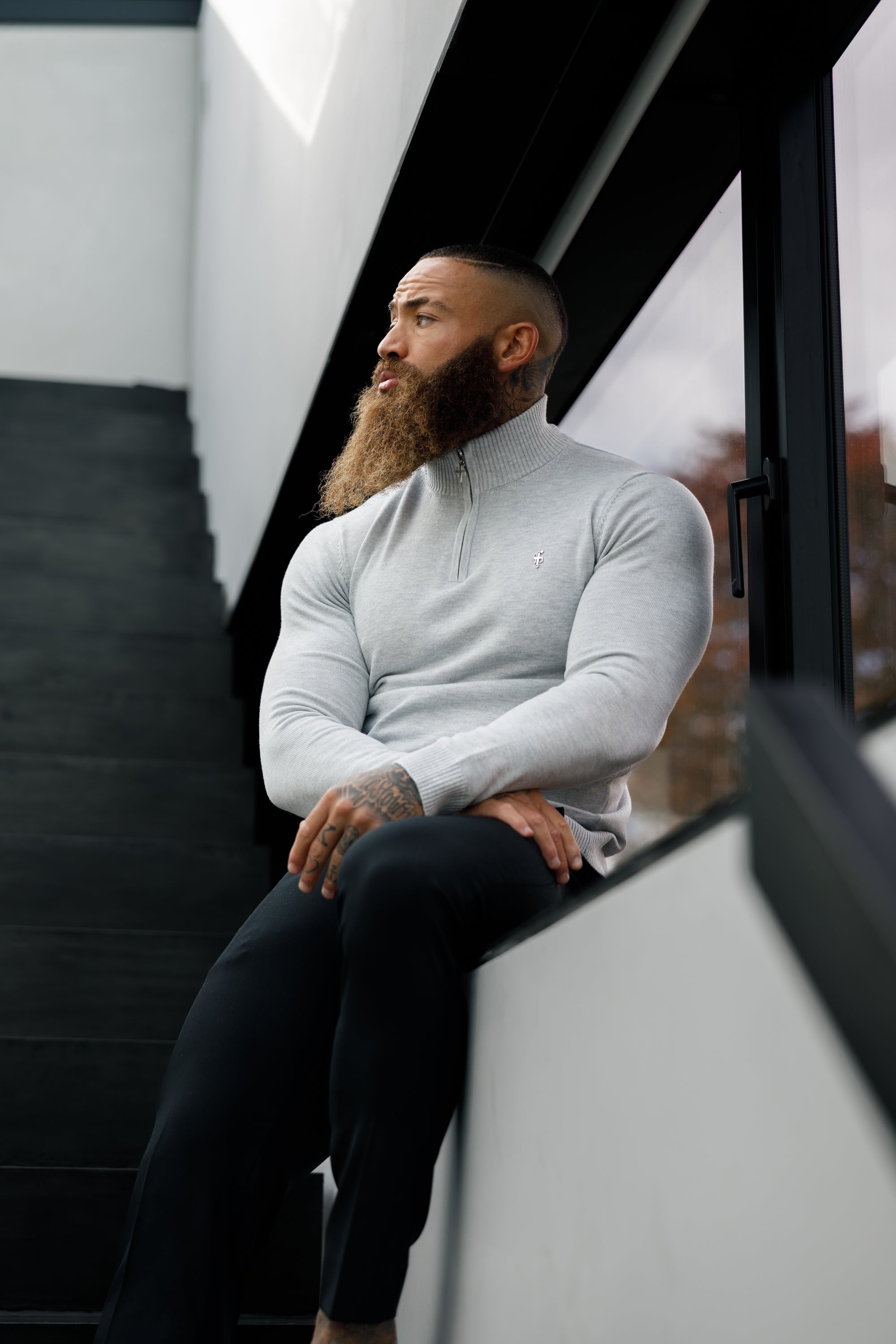 Light Grey Funnel Neck Knitted Jumper With FS Branding - FSN193